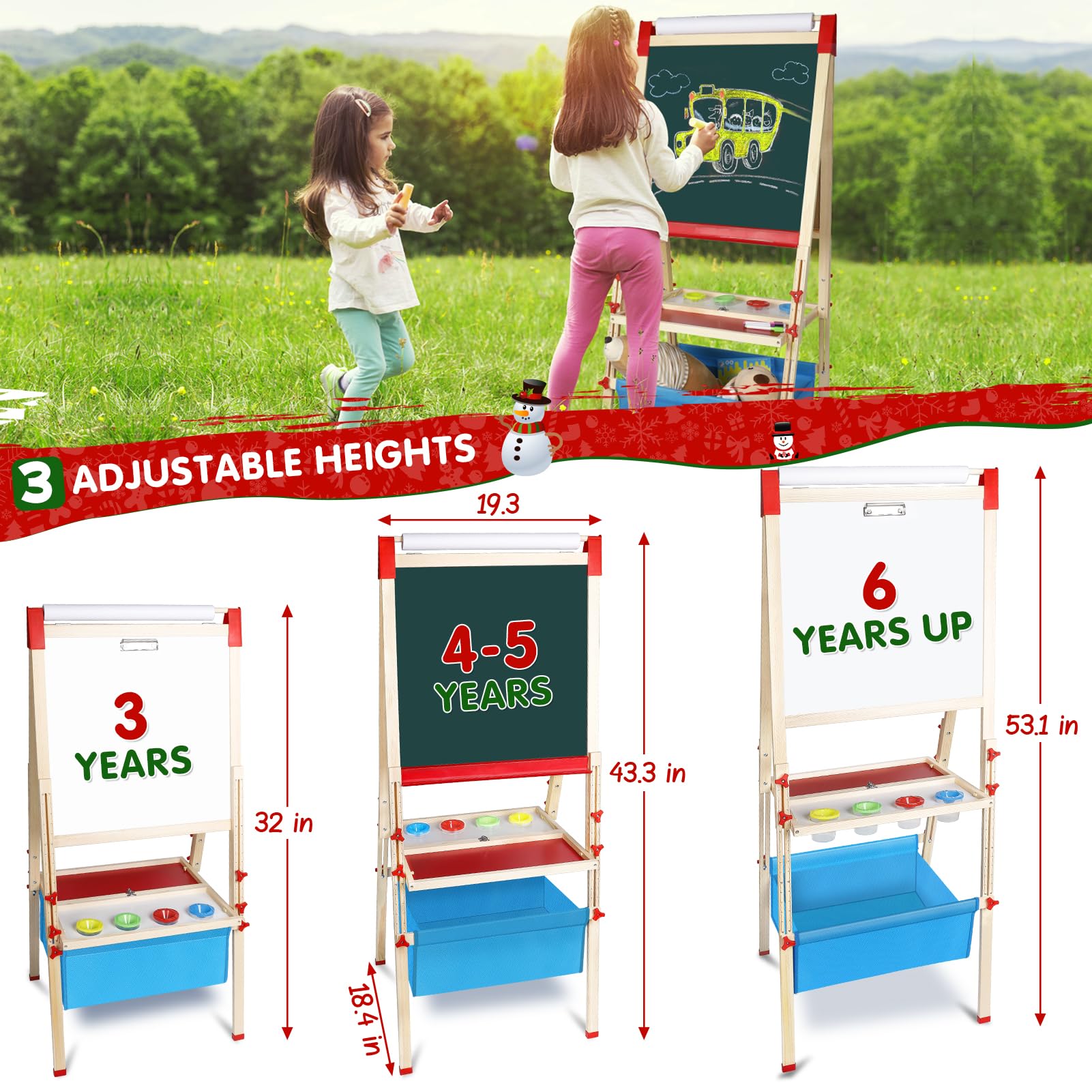 Adjustable Wooden Easel for Kids – Foldable Art Easel with Paper Roll, Magnetic Double-Sided Whiteboard & Chalkboard, 130+ PCS Accessories, Ideal Gift for Toddlers & Children Ages 2-8