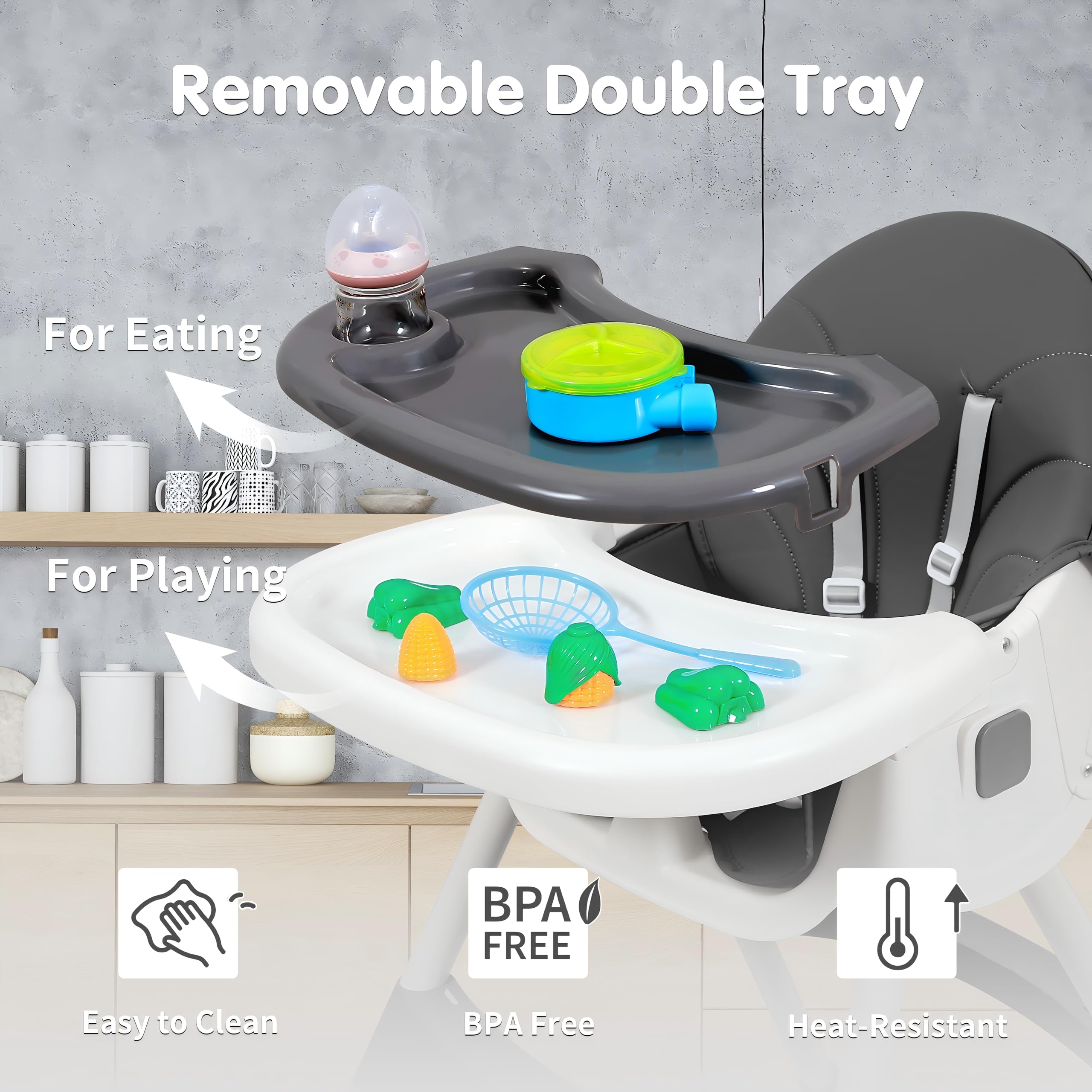 Baby High Chair, 6 in 1 Convertible High Chairs for Babies and Toddlers with 5-Point Safety Harness,Foldable High Chair for Space-Saving, Adjustable Dining Tray,Backrest & Height,Easy to Clean Surface
