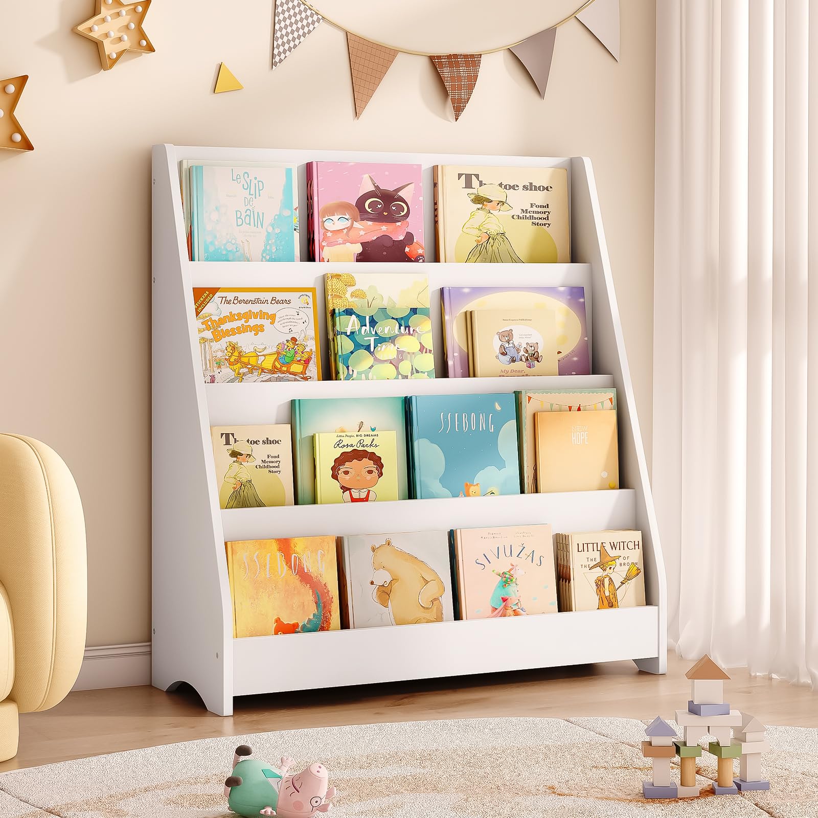 4 Tier Kids Wooden Bookshelf, Toddler Sling Bookcase Montessori