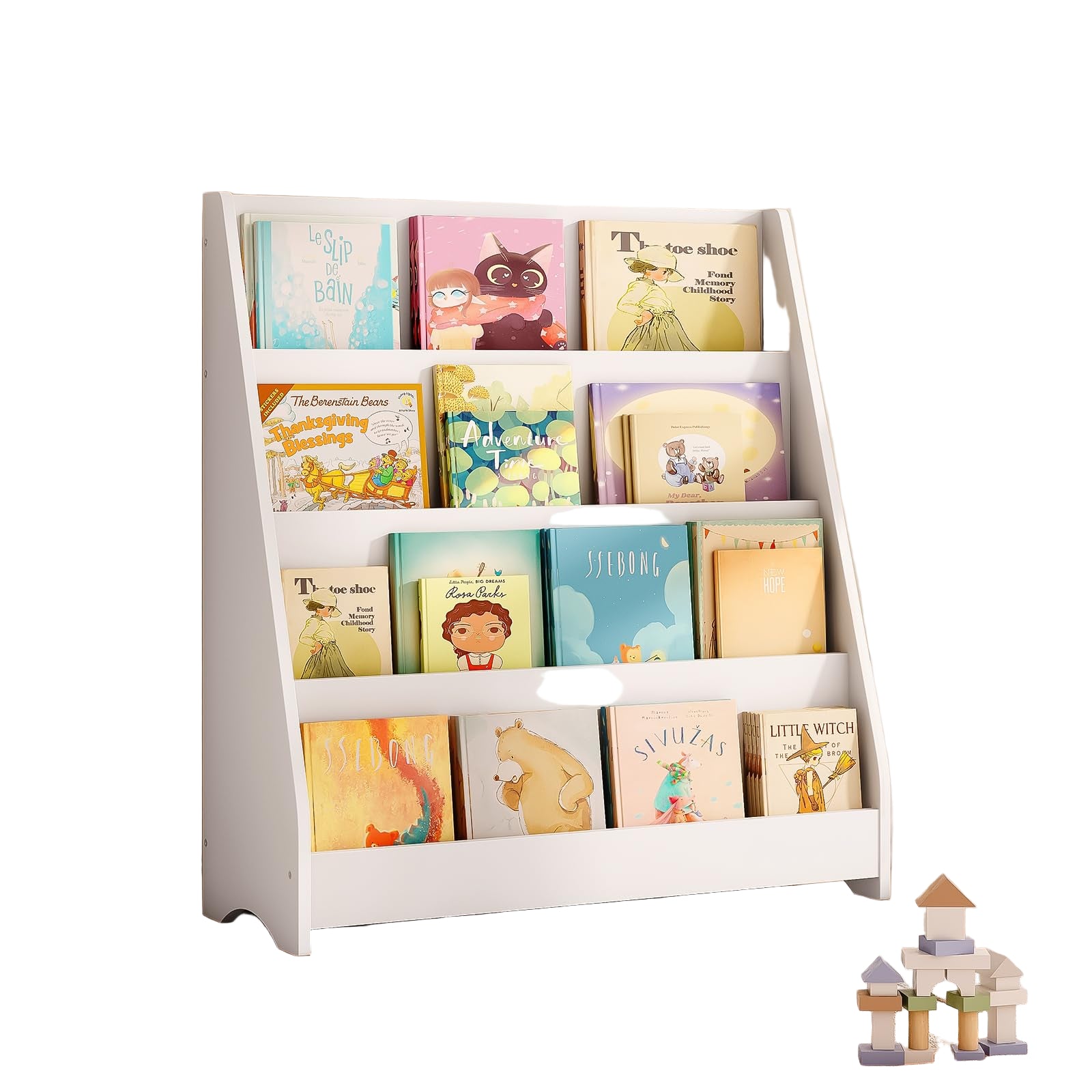 4 Tier Kids Wooden Bookshelf, Toddler Sling Bookcase Montessori