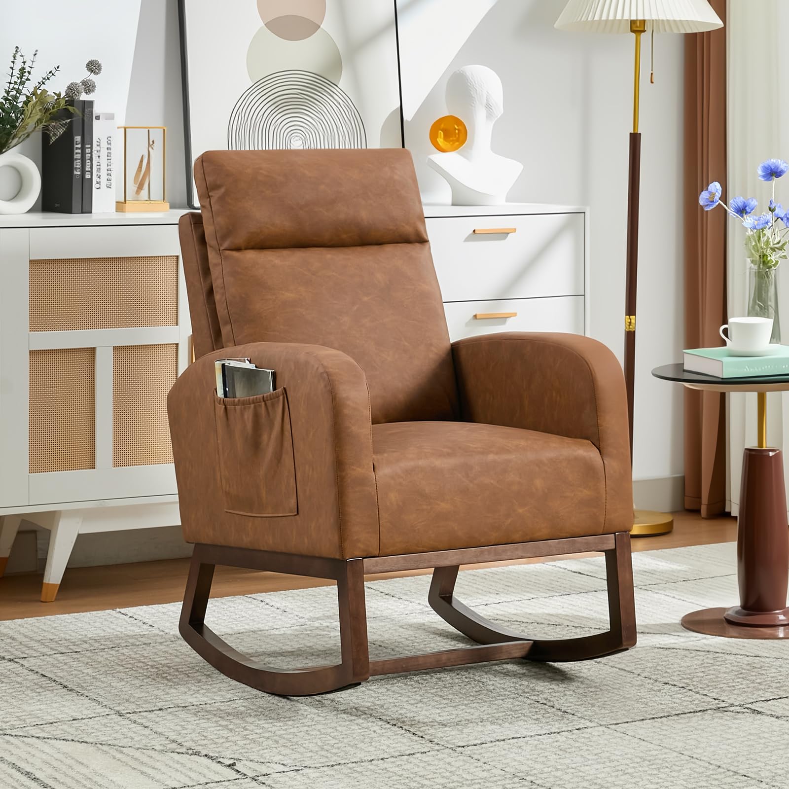 Faux Leather Rocking Chair with Side Pockets