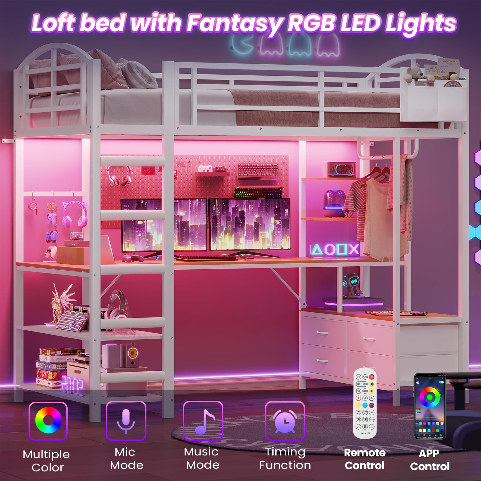 Twin Loft Bed with L-Shaped Desk and LED Lights