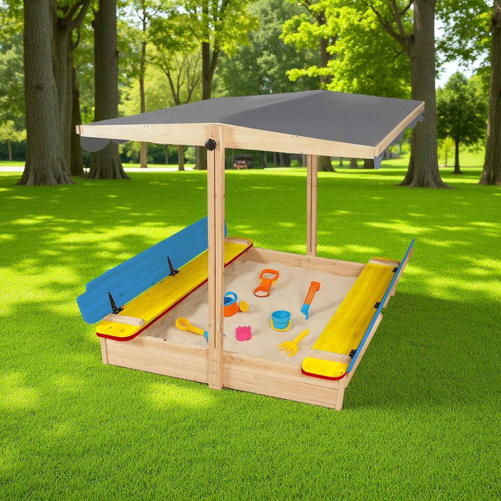 Wooden Sandbox with Canopy and Bench Seats