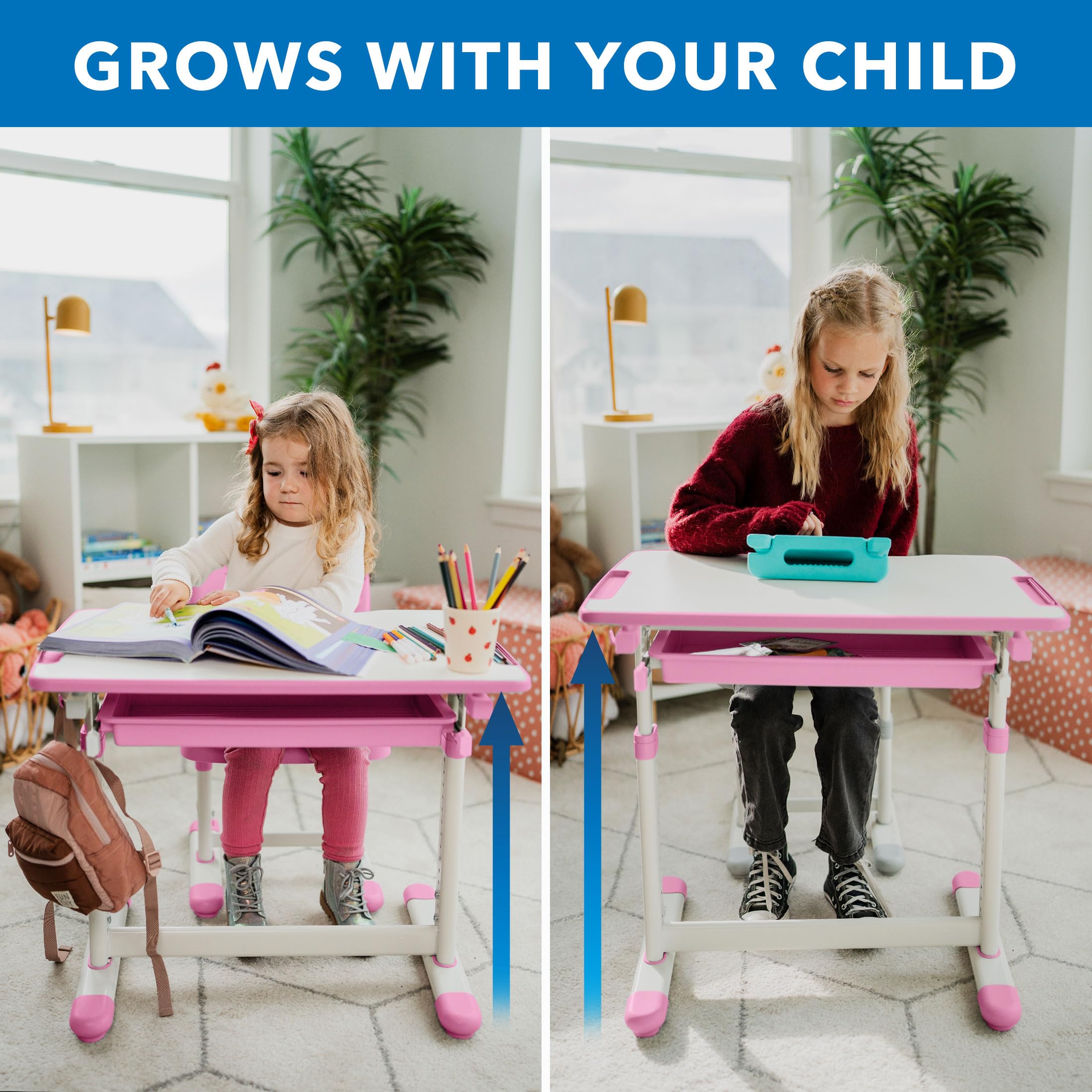 Height Adjustable Kids Desk and Chair Set with Storage Drawer