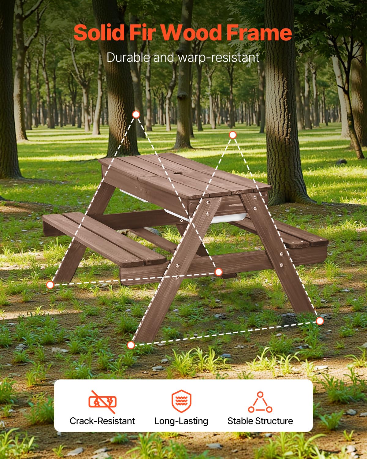 Kids Picnic Table with Umbrella 3-in-1 Sand Water Table Outdoor Wooden Bench Set