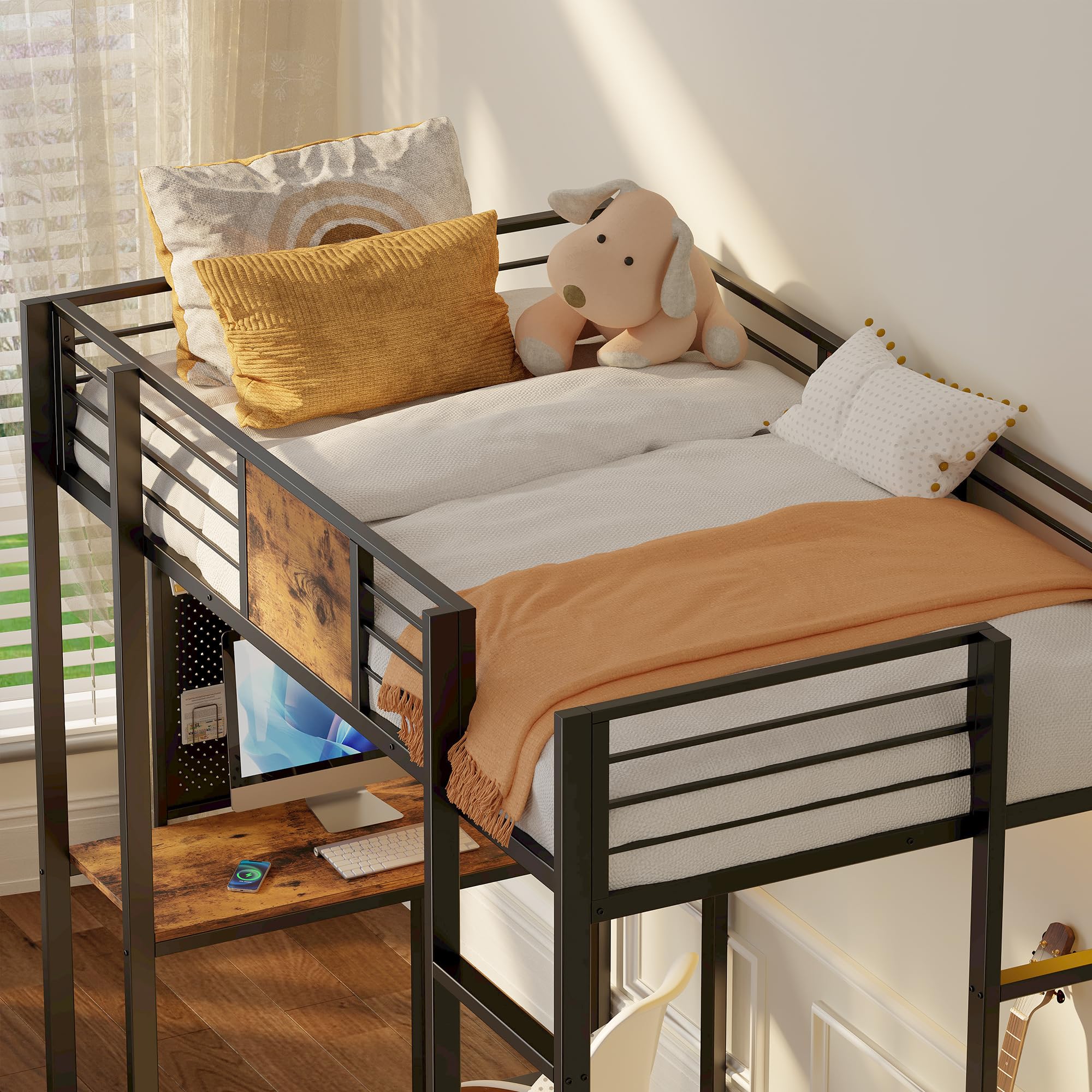 Twin Metal Loft Bed with Desk and Shelves for Teens Adult