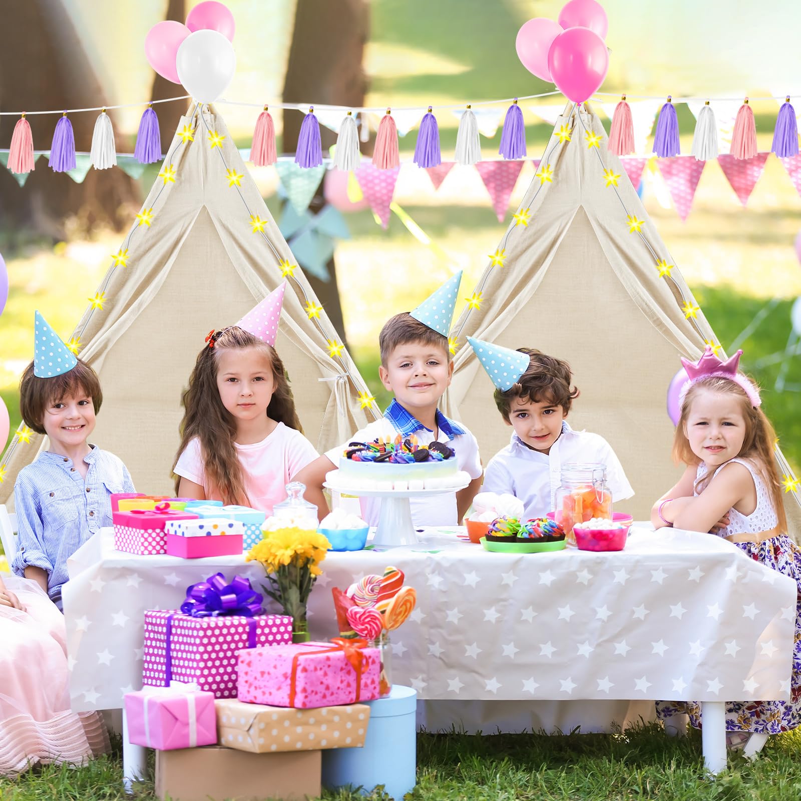 Kids Teepee Tent Set for Slumber Parties - 4 Pack with Lights