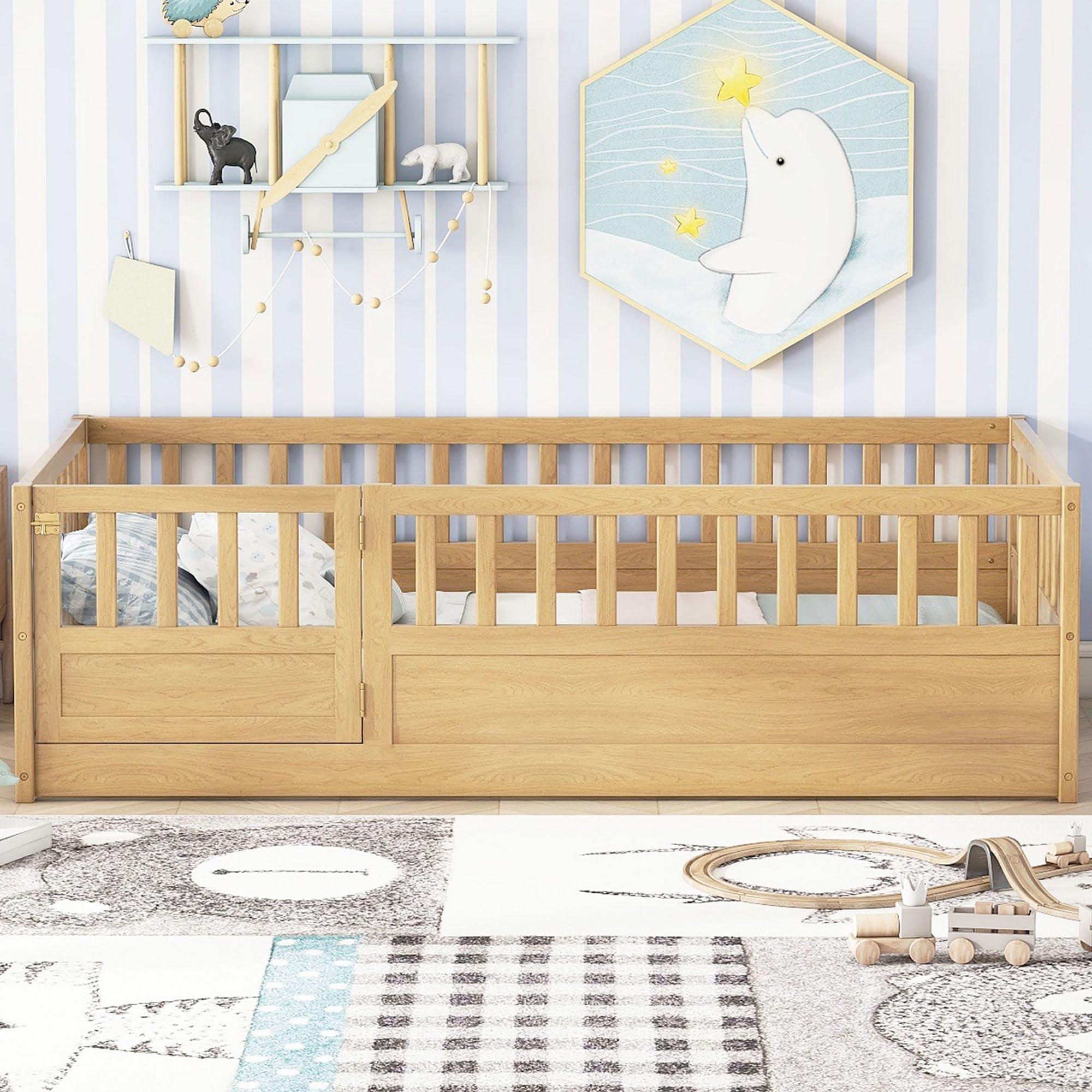 Twin Montessori Floor Bed with High Fence and Door