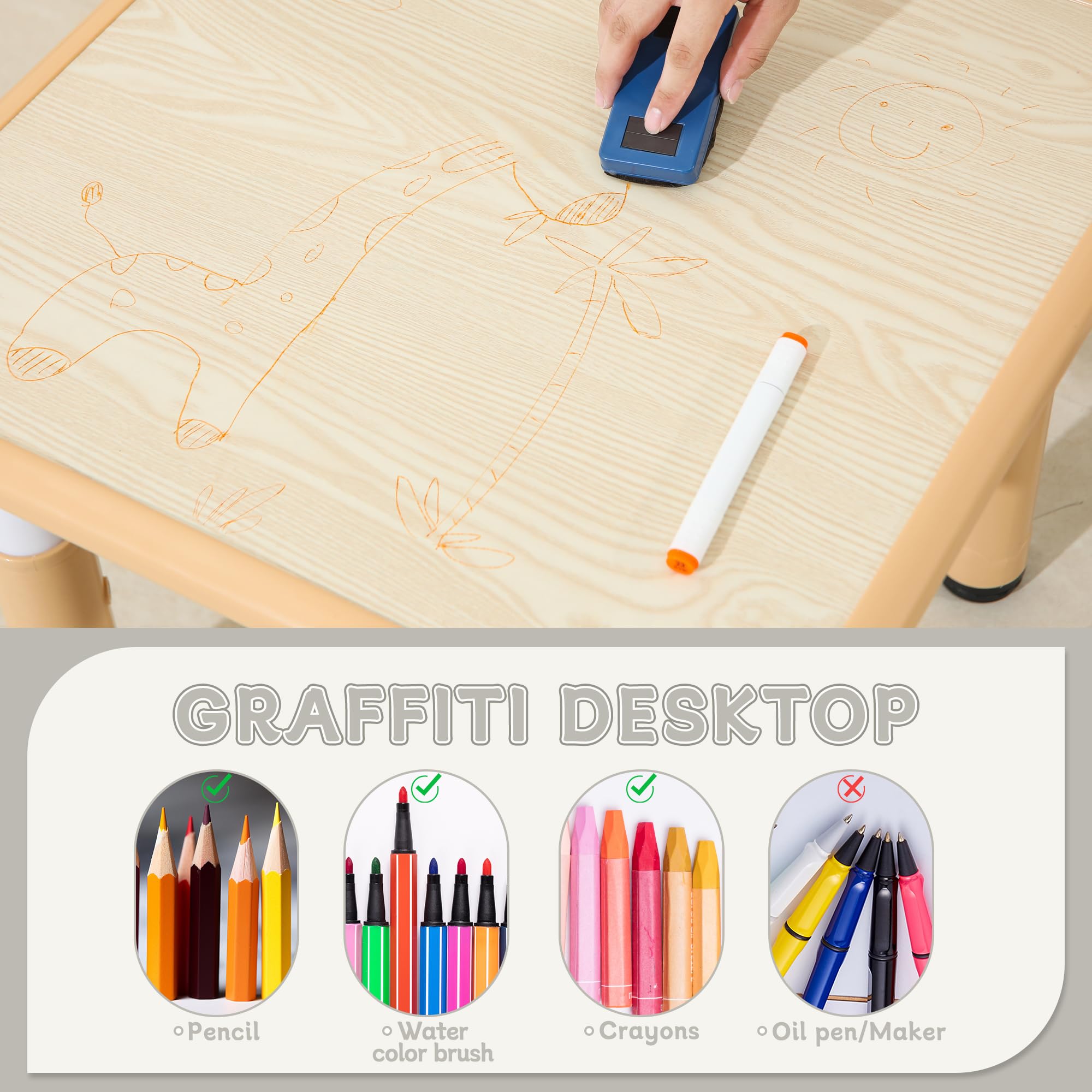 Height-Adjustable Kids Table and Chair Set with Graffiti Desktop