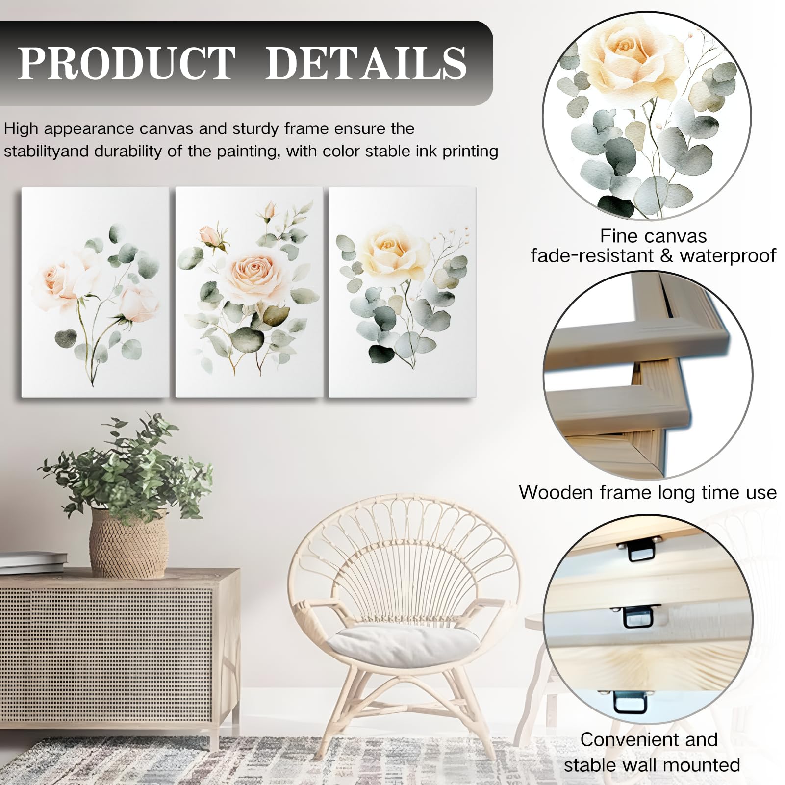 Wildflower Canvas Wall Art Set of 3 Watercolor Floral Prints