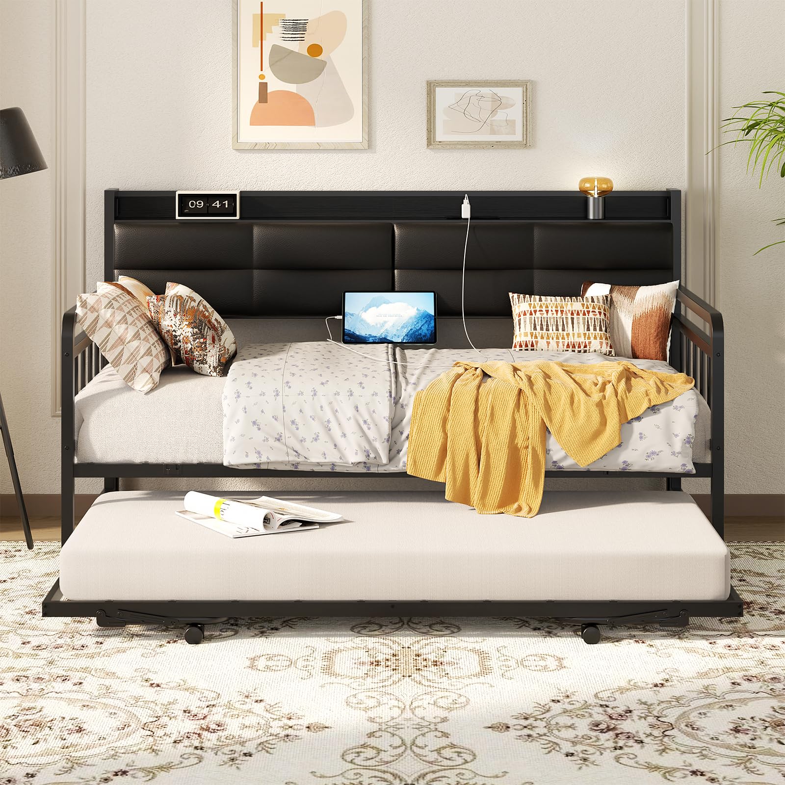 Daybed with Trundle, Twin Day Bed with Upholstered