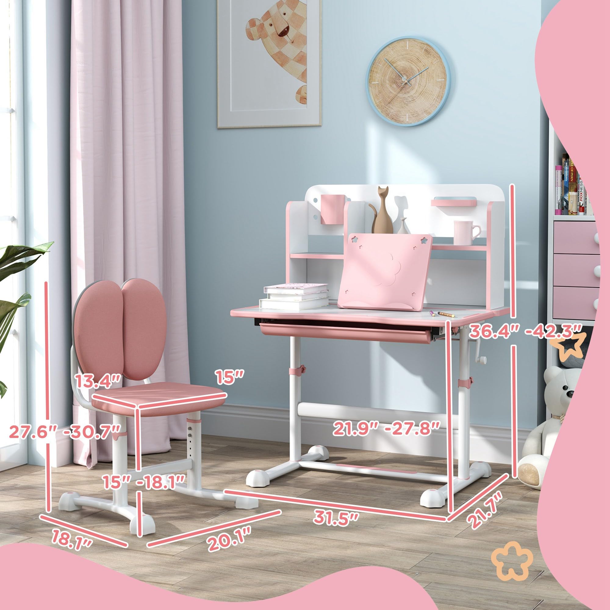 Desk and Chair Set, Height Adjustable Kids School Study Desk