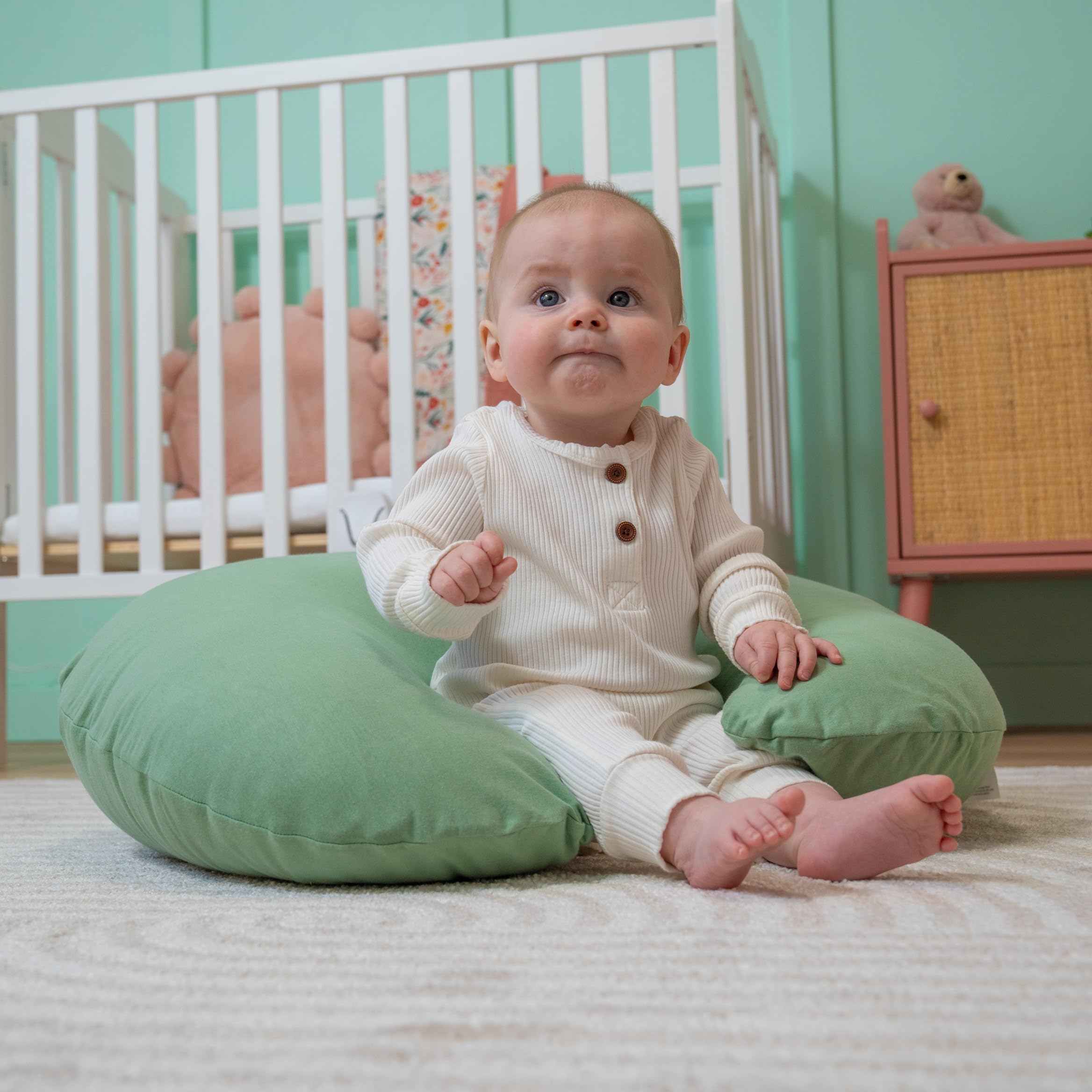 Dr. Mama's Organics Nursing Pillow with Lumbar Support - Ergonomic Design Helps Relieve Back Pain and Arm Fatigue - for Bottle and Breastfeeding - Removable Organic Cotton Cover -Sage