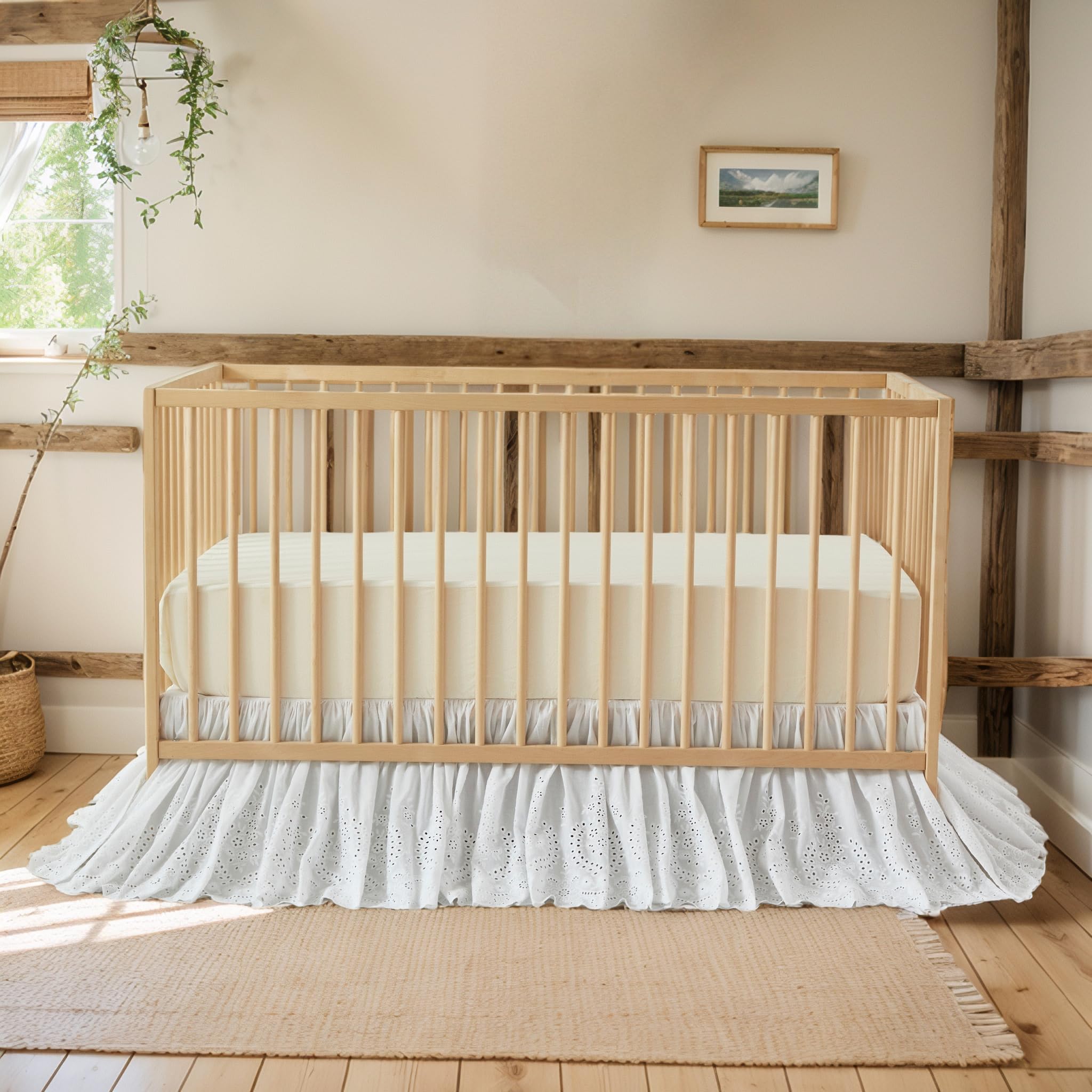 Cotton Lace Crib Bed Skirt with Scalloped Eyelet Ruffles