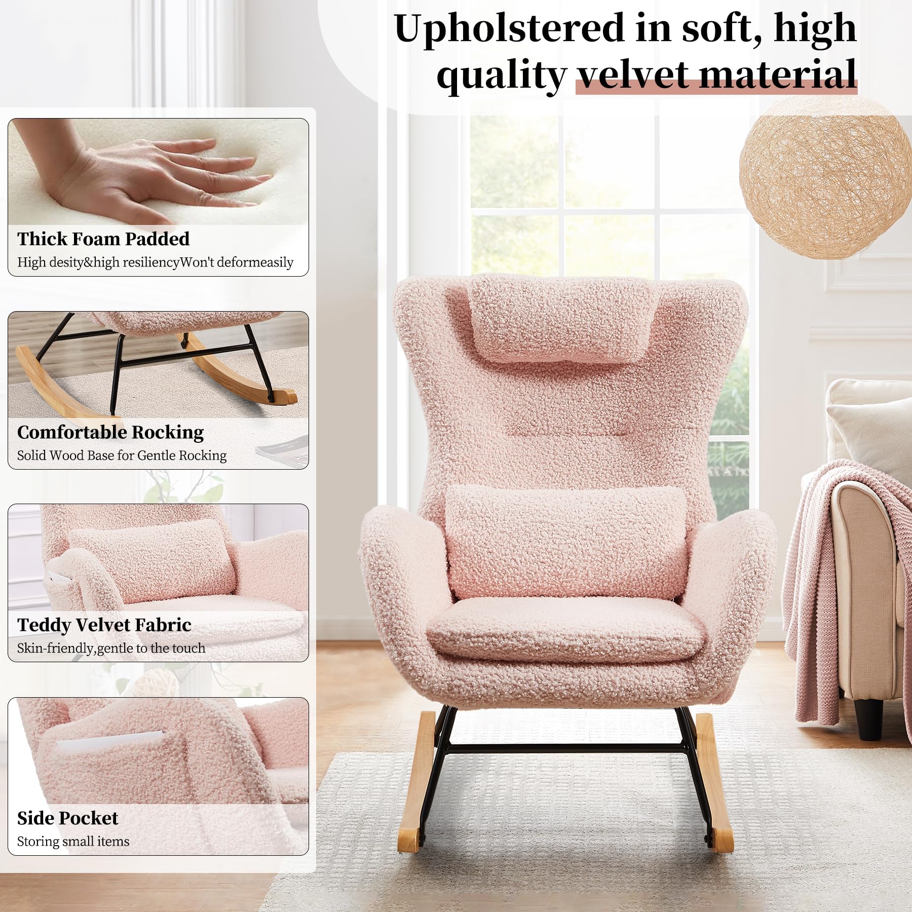 Nursery Rocking Chair with Adjustable Headrest and Lumbar Support