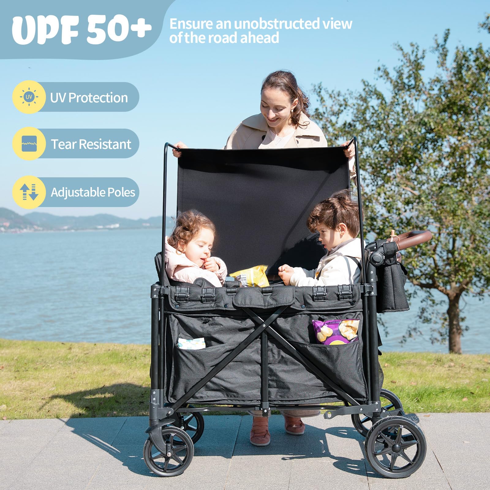 Double Wagon Stroller with Rain Cover and Safety Harness