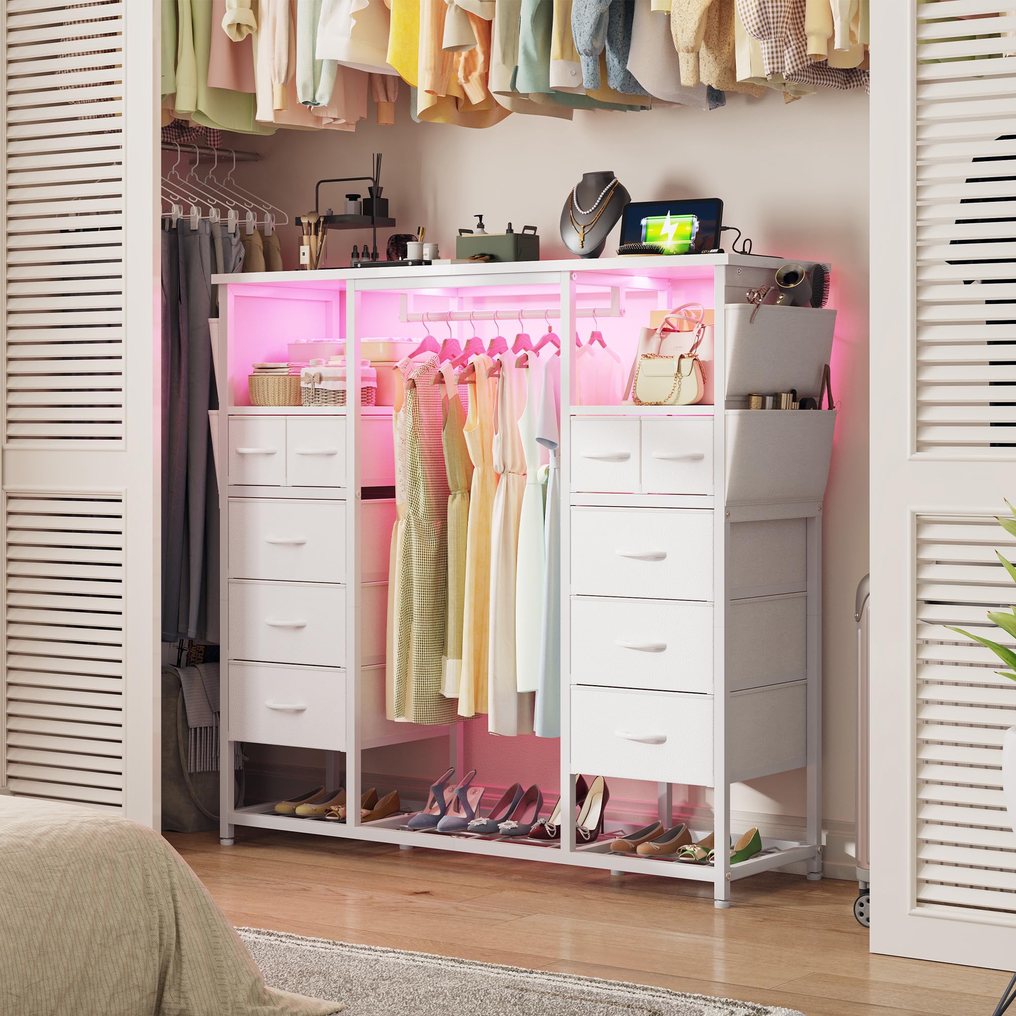 Tall Dresser with LED Lights and Charging Station