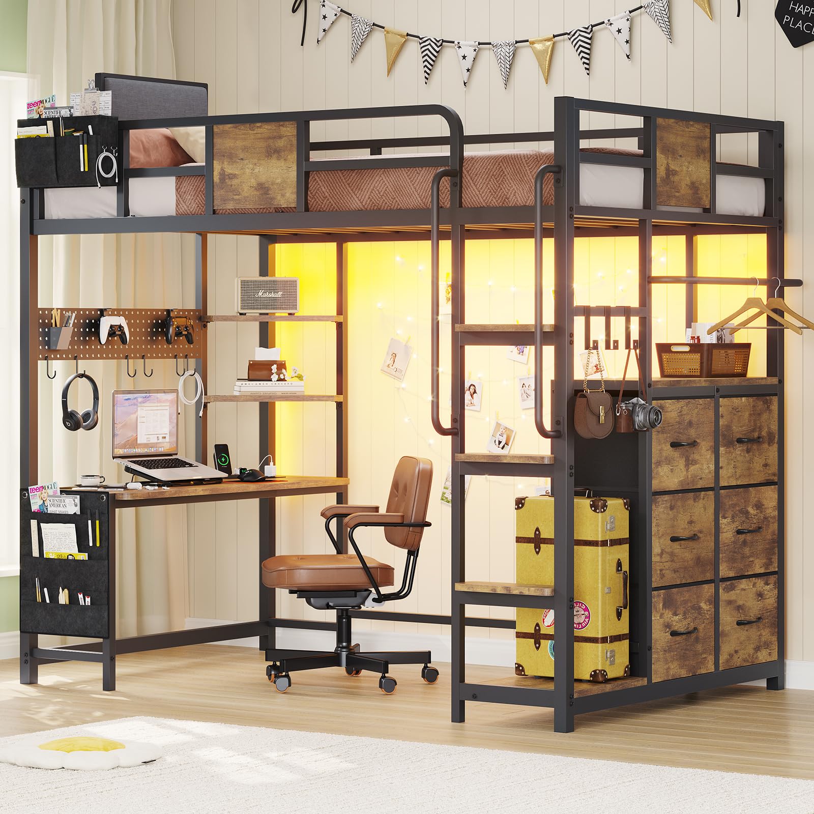 Twin Size Loft Bed with Desk and 6 Storage Drawers