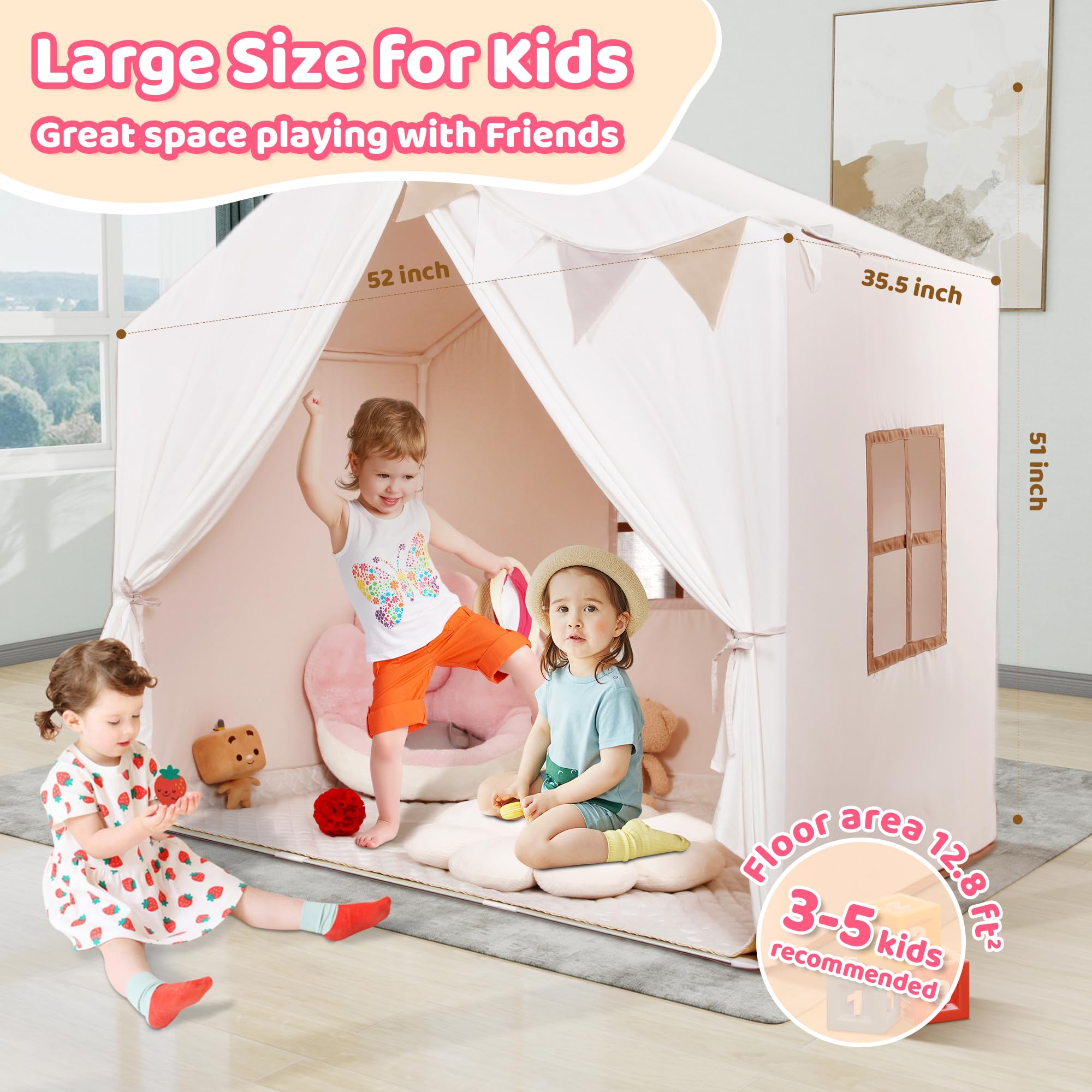 Kids Play Tent, Large Playhouse with Star Lights and Mat, Washable Indoor Toddler Teepee Tent for Boys & Girls, Children's Tent with Flags, Beige, 52L x36W x52H, Age 3+
