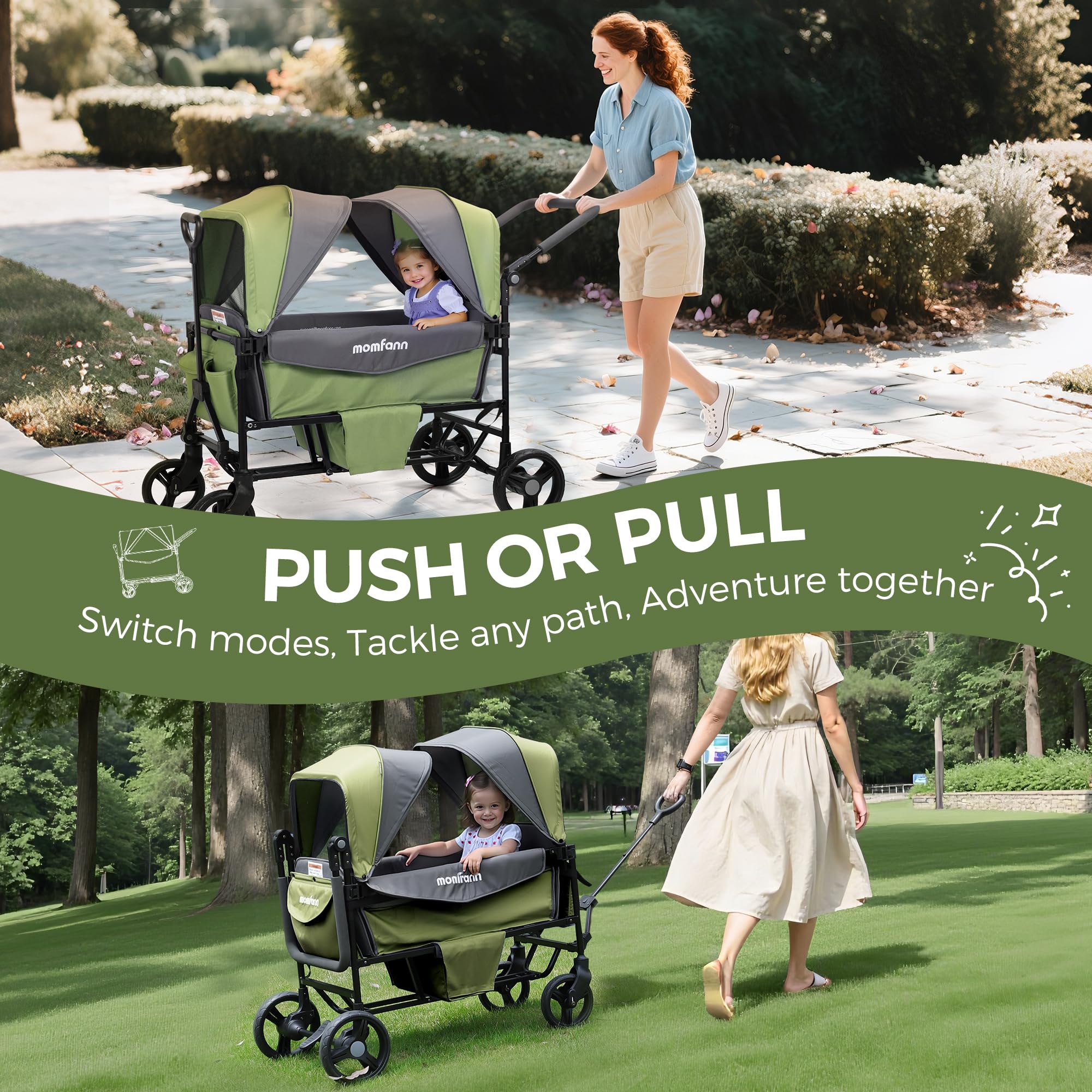 4-in-1 Convertible Stroller Wagon for 2 Kids with Canopy