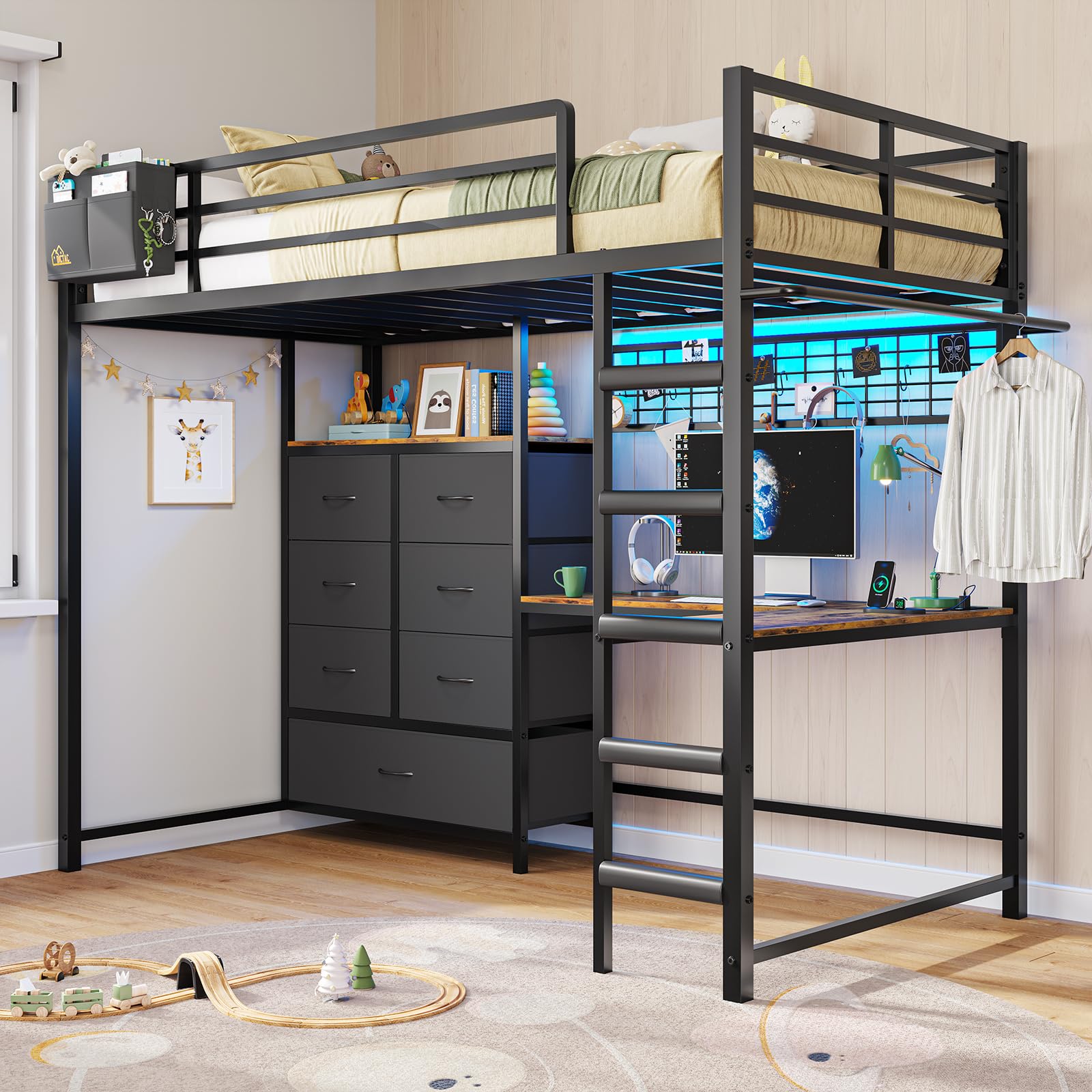 Twin Loft Bed with L-Shaped Desk and 7 Storage Drawers