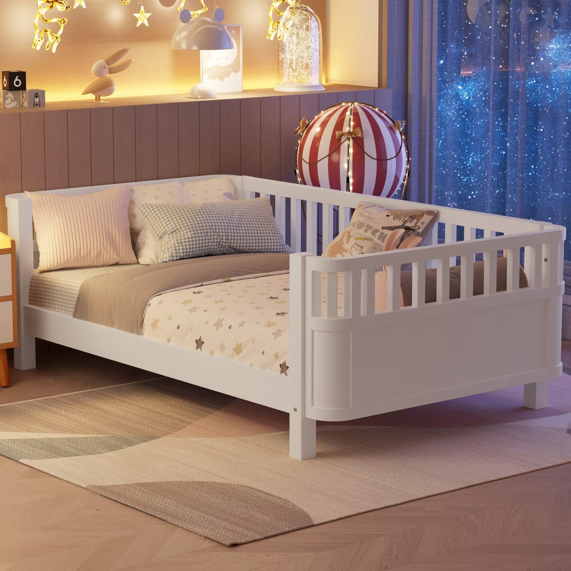 Twin Wooden Floor Bed Frame with Safety Rails