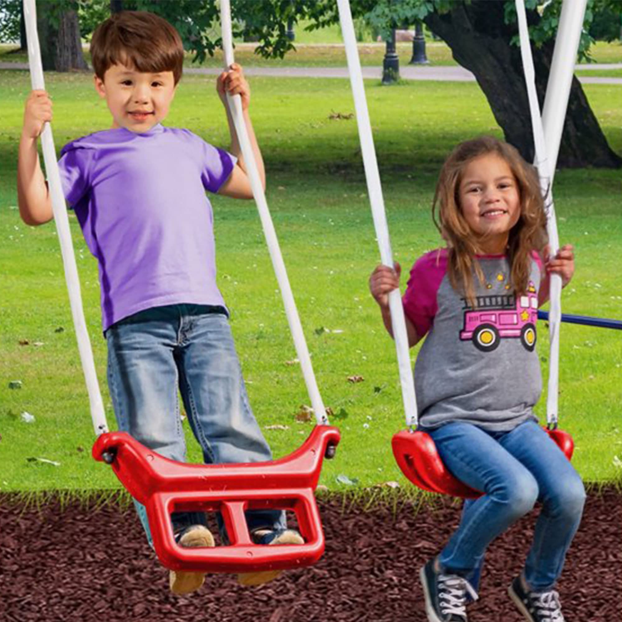 Metal A-Frame Outdoor Swing Set with Slide and See-Saw