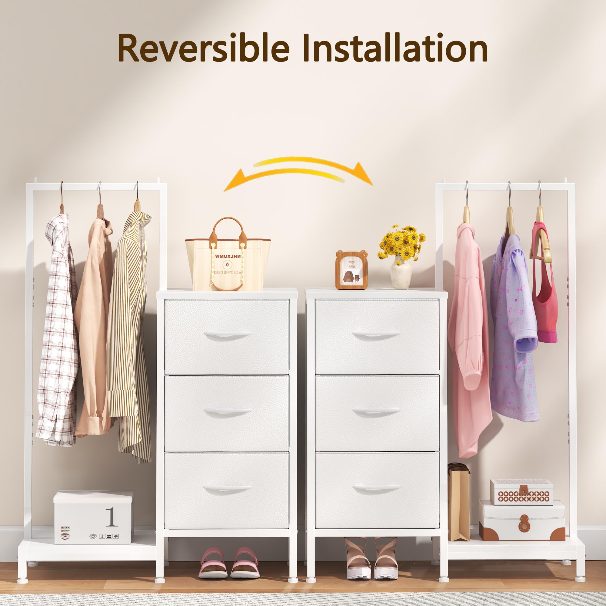Dresser for Bedroom with Hanging Rack, 3 Drawers Dresser for Bedroom - White