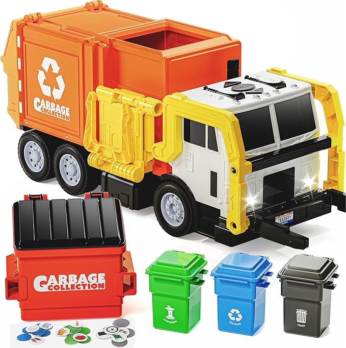 Large Friction Powered Garbage Truck Toy Set, Includes Dumpster, Trash Bins