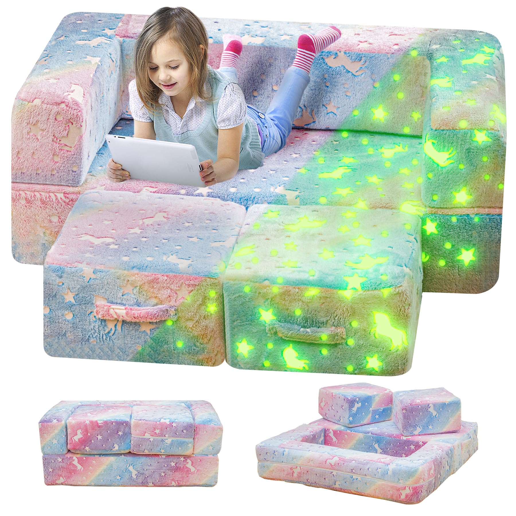Lamerge Toddler Couch Glow in The Dark Toddler Fold Out Couch for playroom, Convertible Baby Fold Out Play Foam and Floor Cushion for Bedroom (Rainbow+Unicorn)