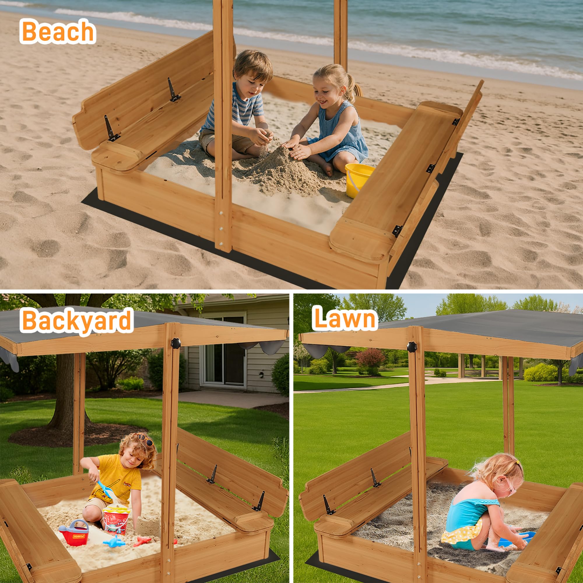Wooden Sandbox with Canopy and Bench Seats