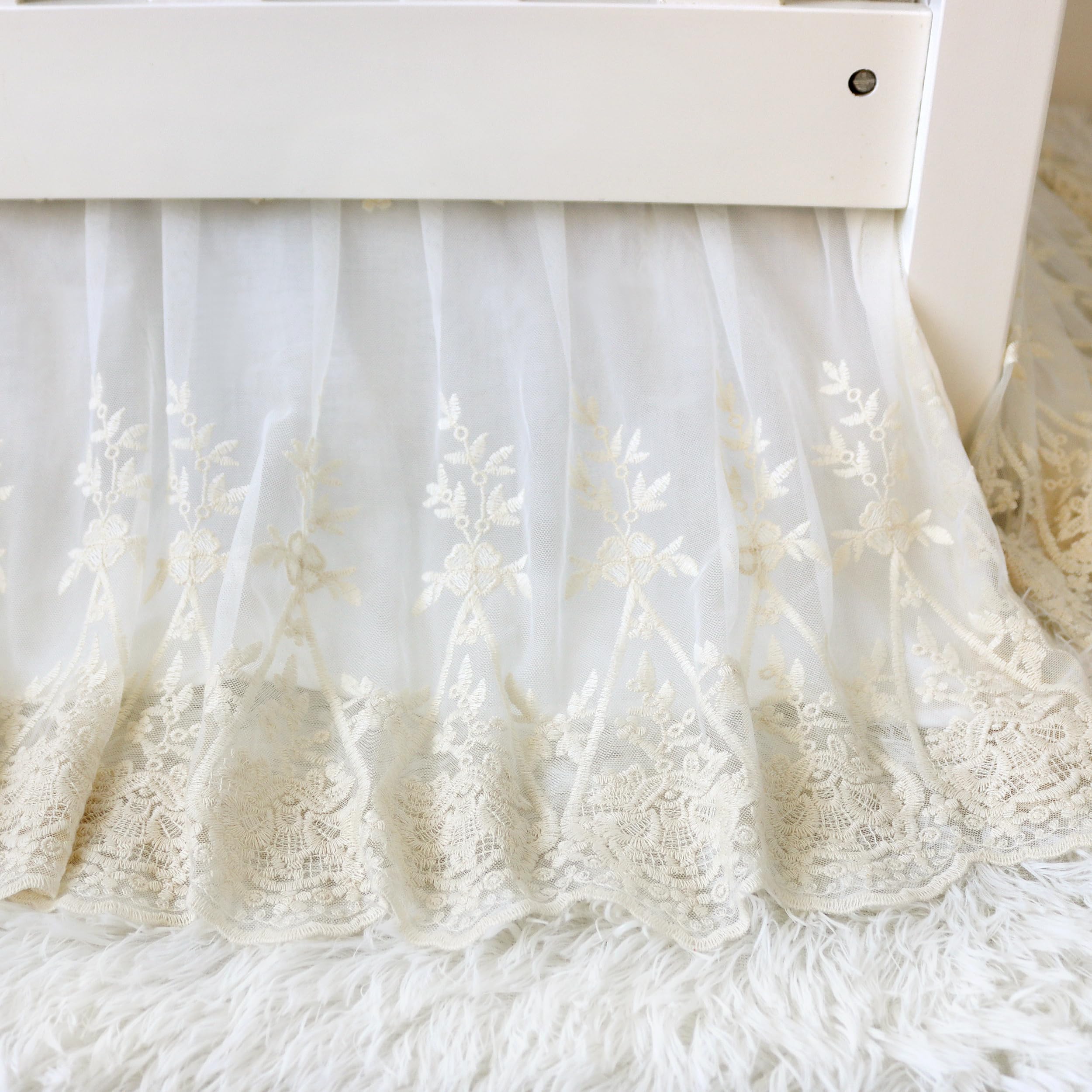 Brandream Lace Bed Skirt Boho Bohemian Girl Baby Nursery Crib Bed Skirt Dust Ruffle - Solid Color Romantic Cream Off White Farmhouse Chic 100% Cotton Ruffle Excellent Quality