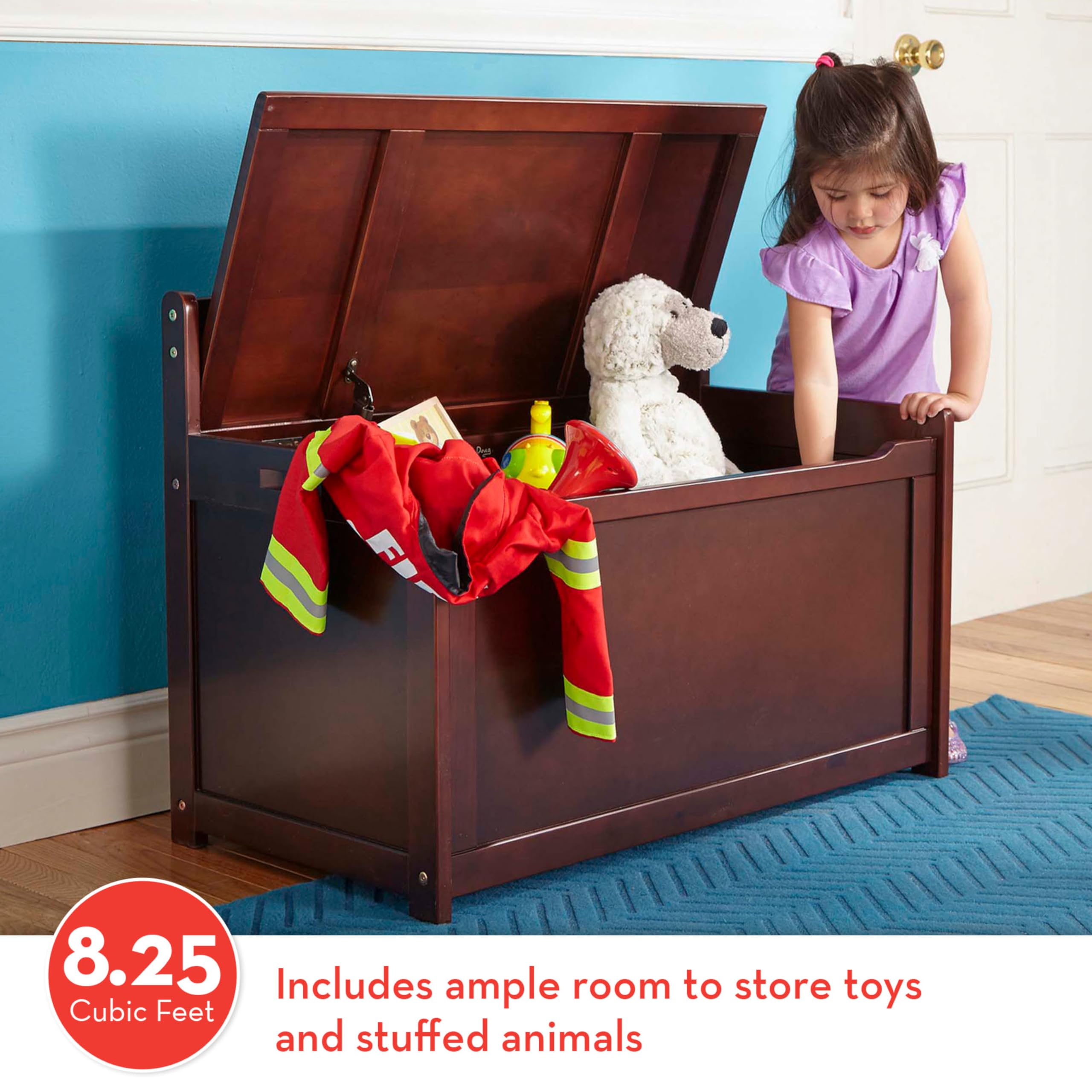 Wooden Toy Chest with Safety Hinged Lid - Espresso