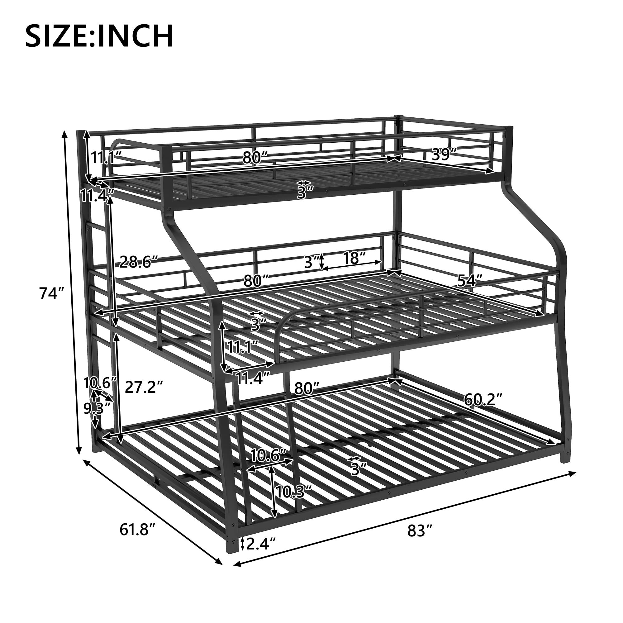 Metal Triple Bunk Bed with Guardrails and Ladder Black
