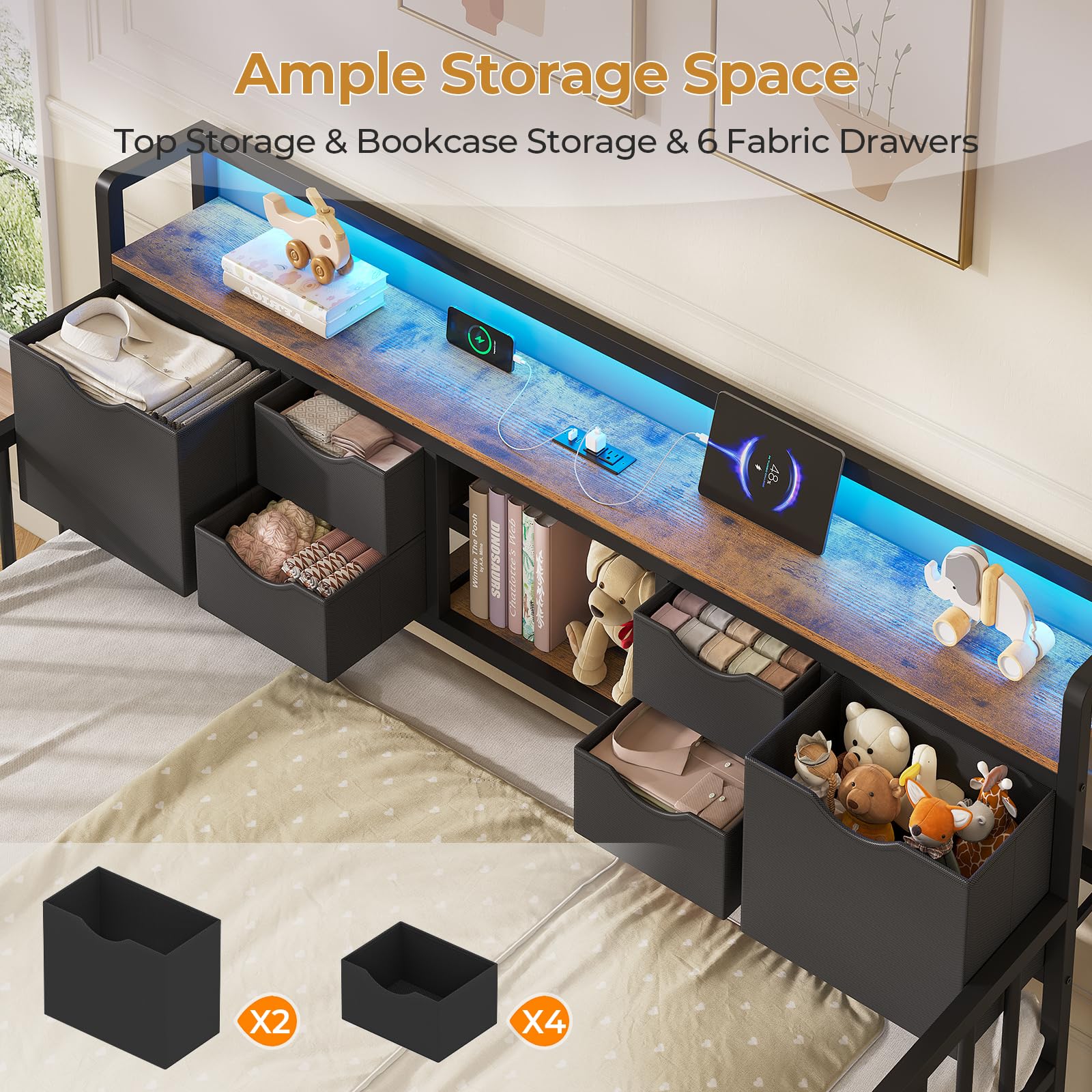 ADORNEVE Daybed with Trundle, Twin Day Bed with Storage Headboard & Charging Station, Height Adjustable Metal Trundle Bed Twin, Sofa Bed Frame for Living Room, Bedroom and Guest Room, Black