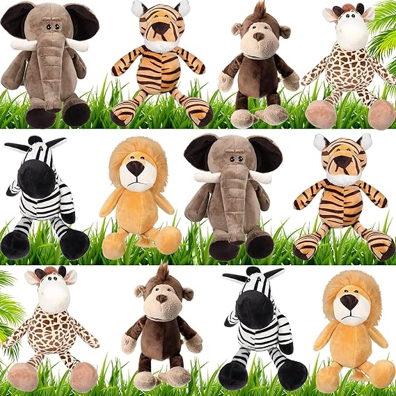 12 Pieces Safari Stuffed Animals 11.8 Inch Jungle Animal Toys Set for Boys Girls Plush