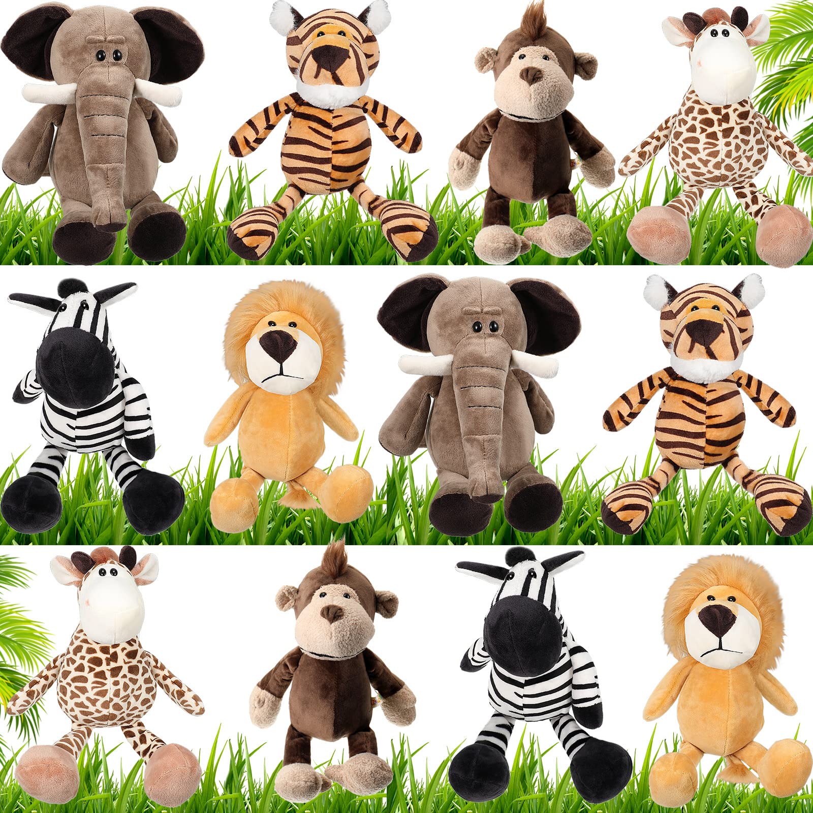 12 Pieces Safari Stuffed Animals 11.8 Inch Jungle Animal Toys Set for Boys Girls Plush