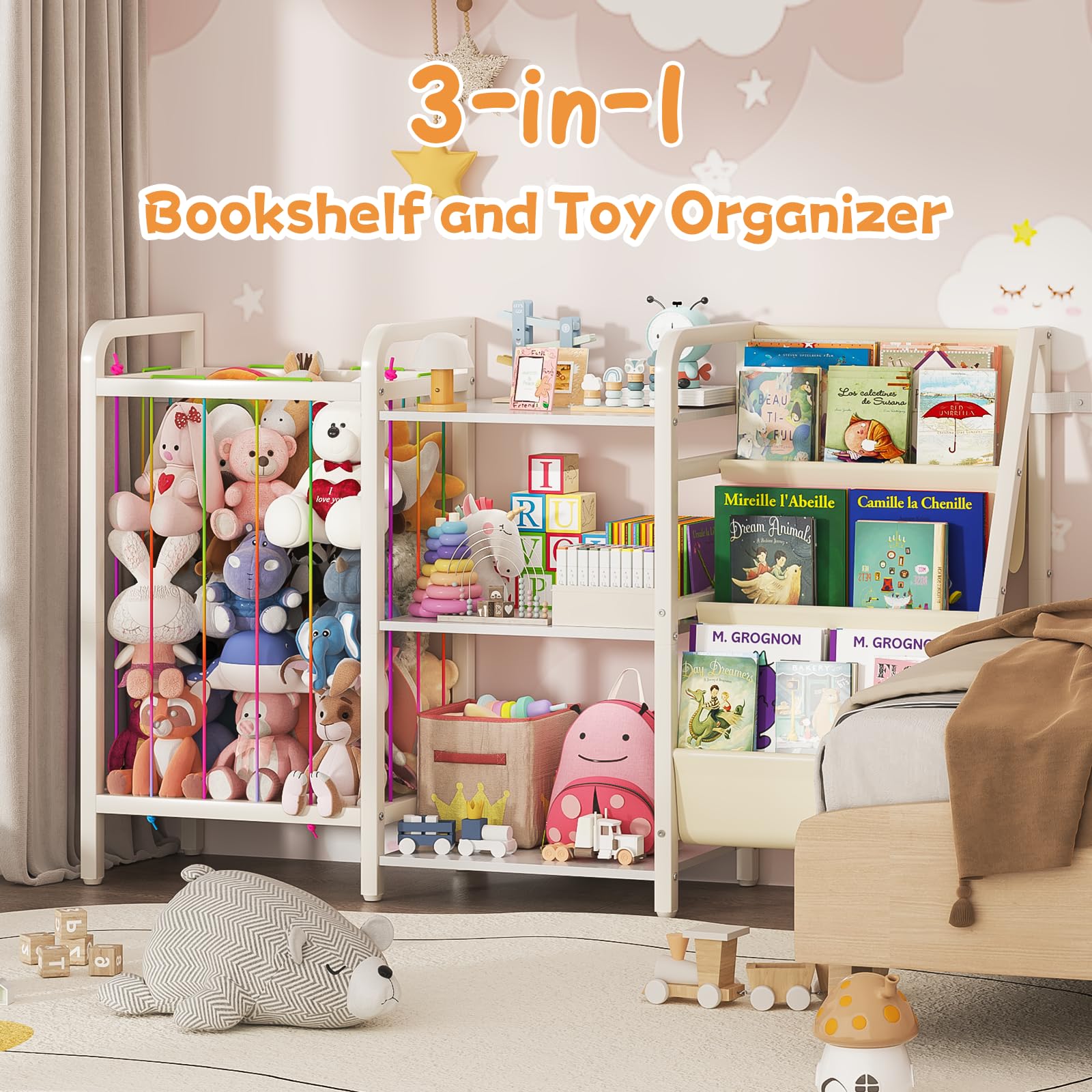 Kids Bookshelf and Toy Storage Organizer with Stuffed Animal Holder