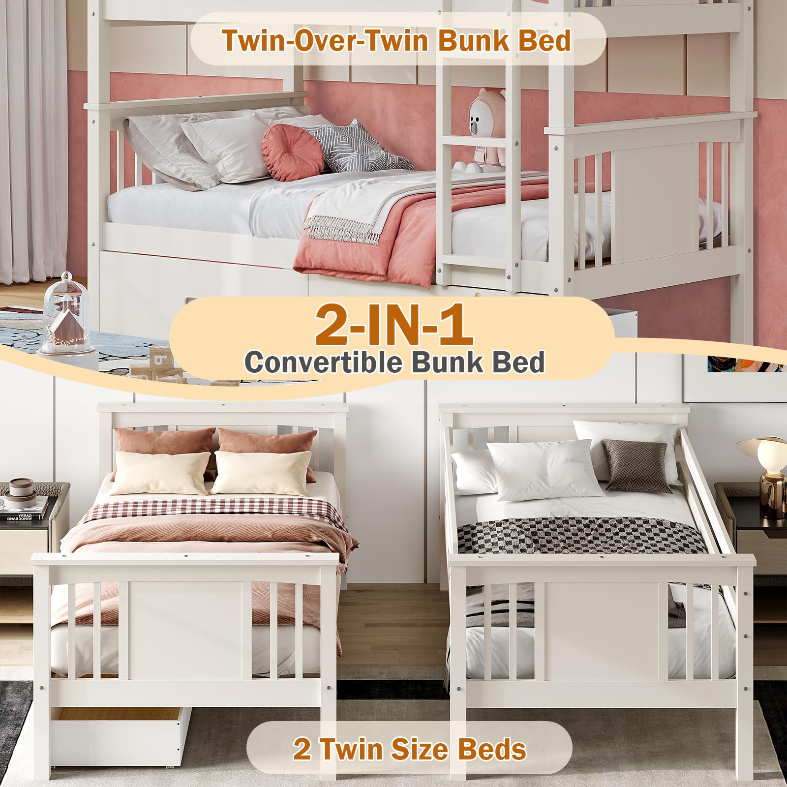 Twin Over Twin Bunk Bed with Storage Drawers and Ladder