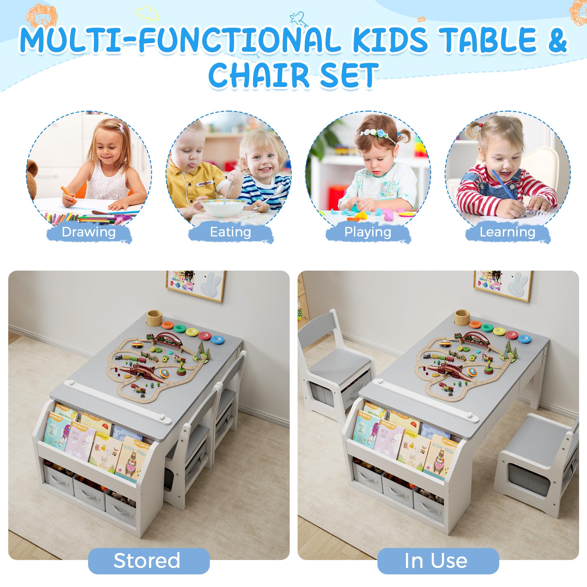 5-in-1 Kids Art Table and Chairs Set with Convertible Easel