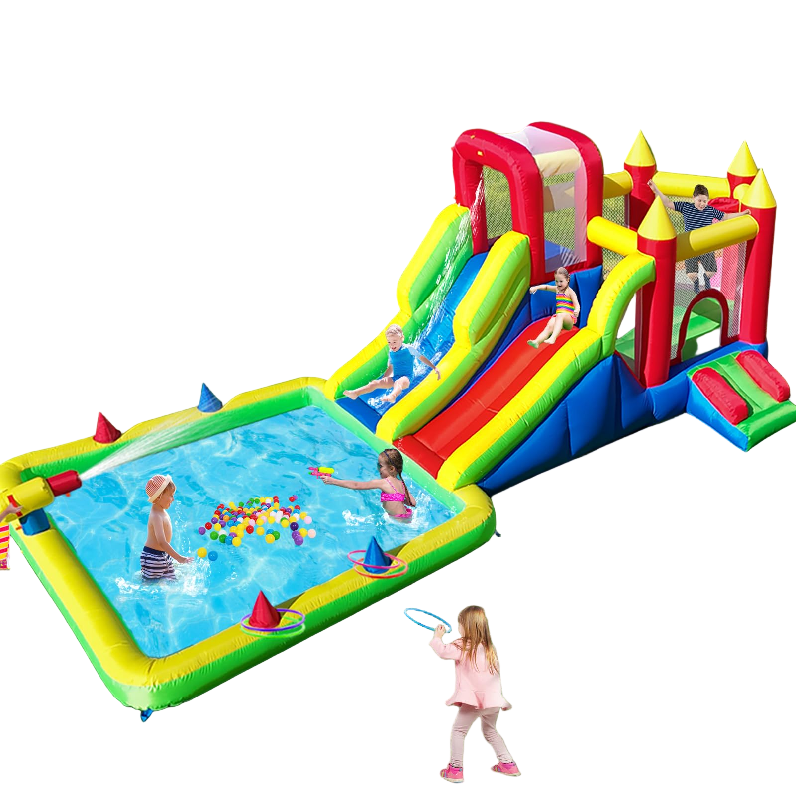 10-in-1 Inflatable Water Park - Giant Bounce House with 2 Water Slides, Big Splash Pool