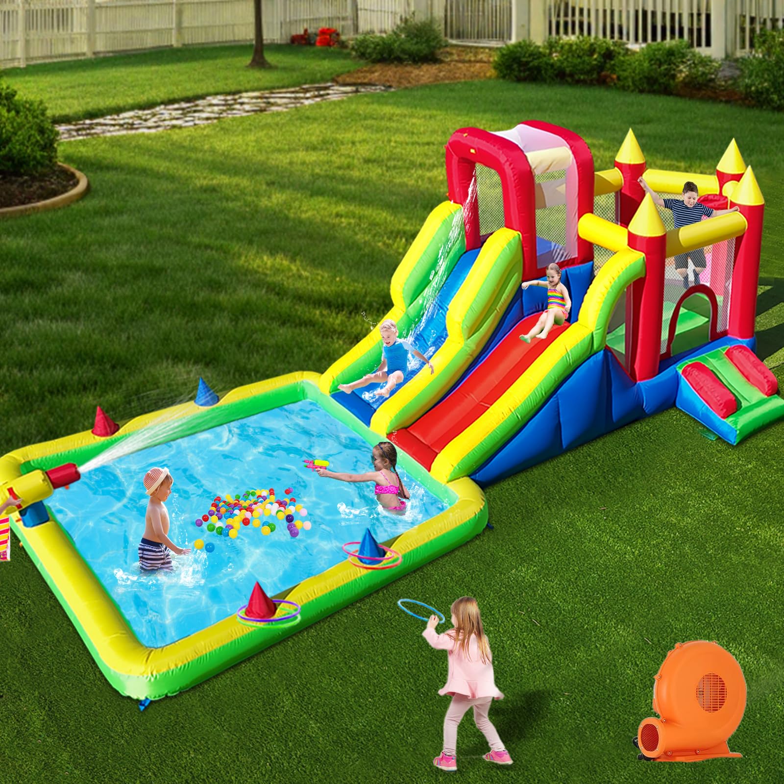 10-in-1 Inflatable Water Park with Dual Slides