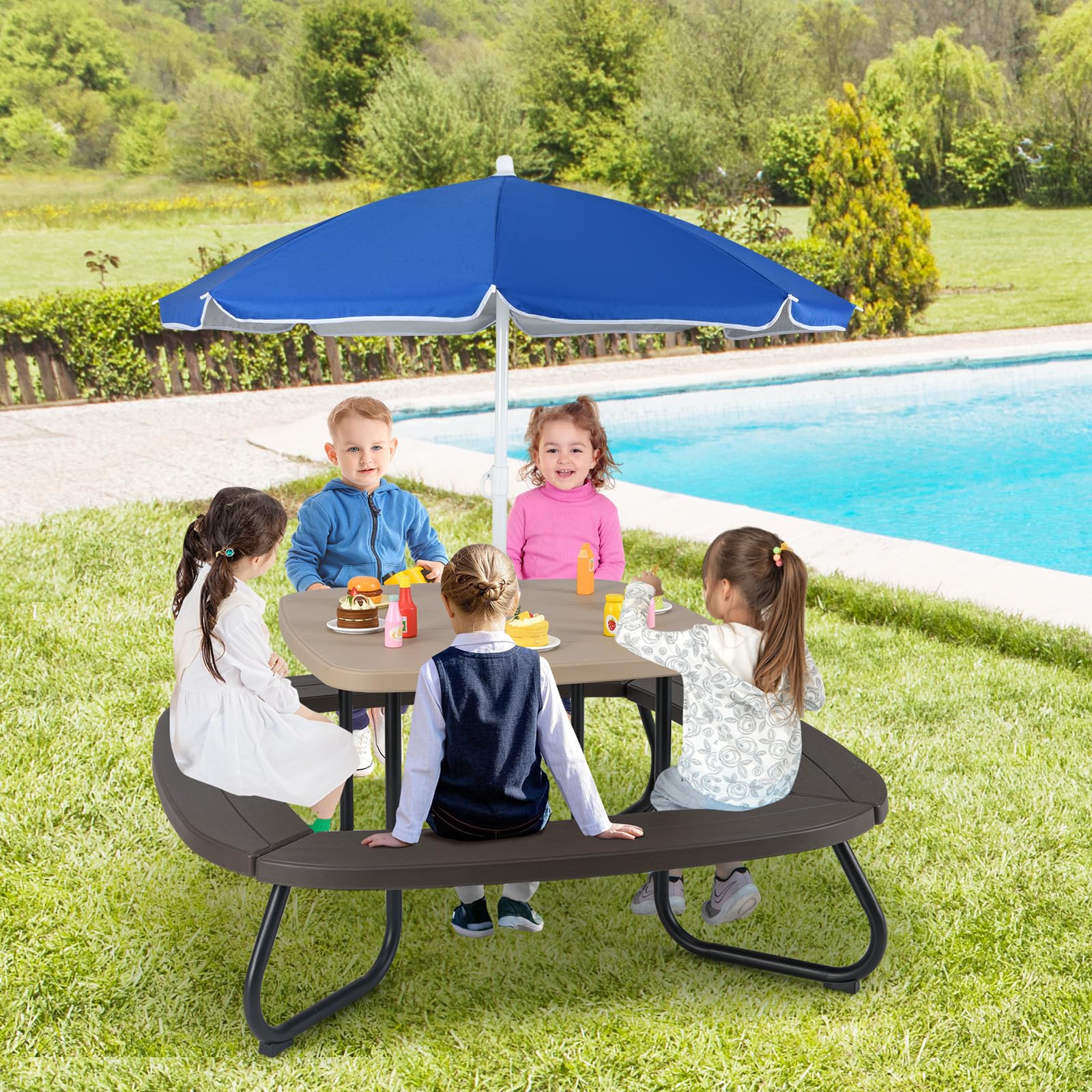 Kids Picnic Table, 8 Person Toddler Outdoor Table and Chair Set, 4 Built-in Benches
