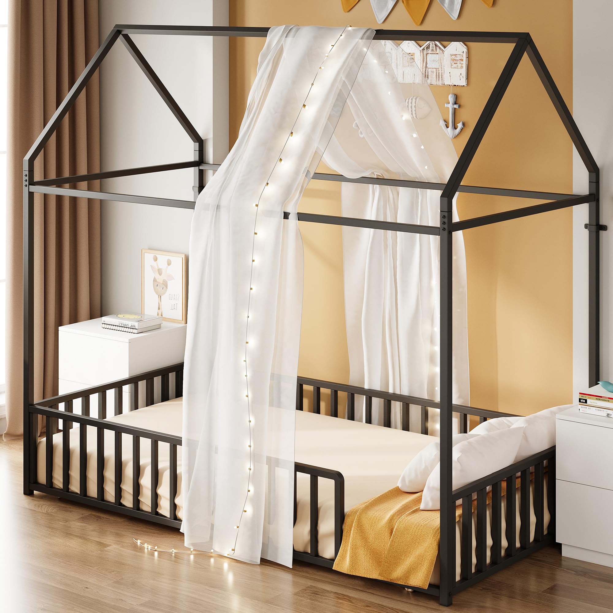 Twin Floor Bed Frame with Roof & Fence Guardrails Metal House Bed for Bedroom
