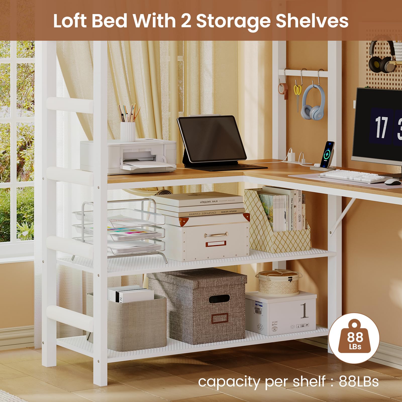 Twin Loft Bed with L-Shaped Desk and LED Lights