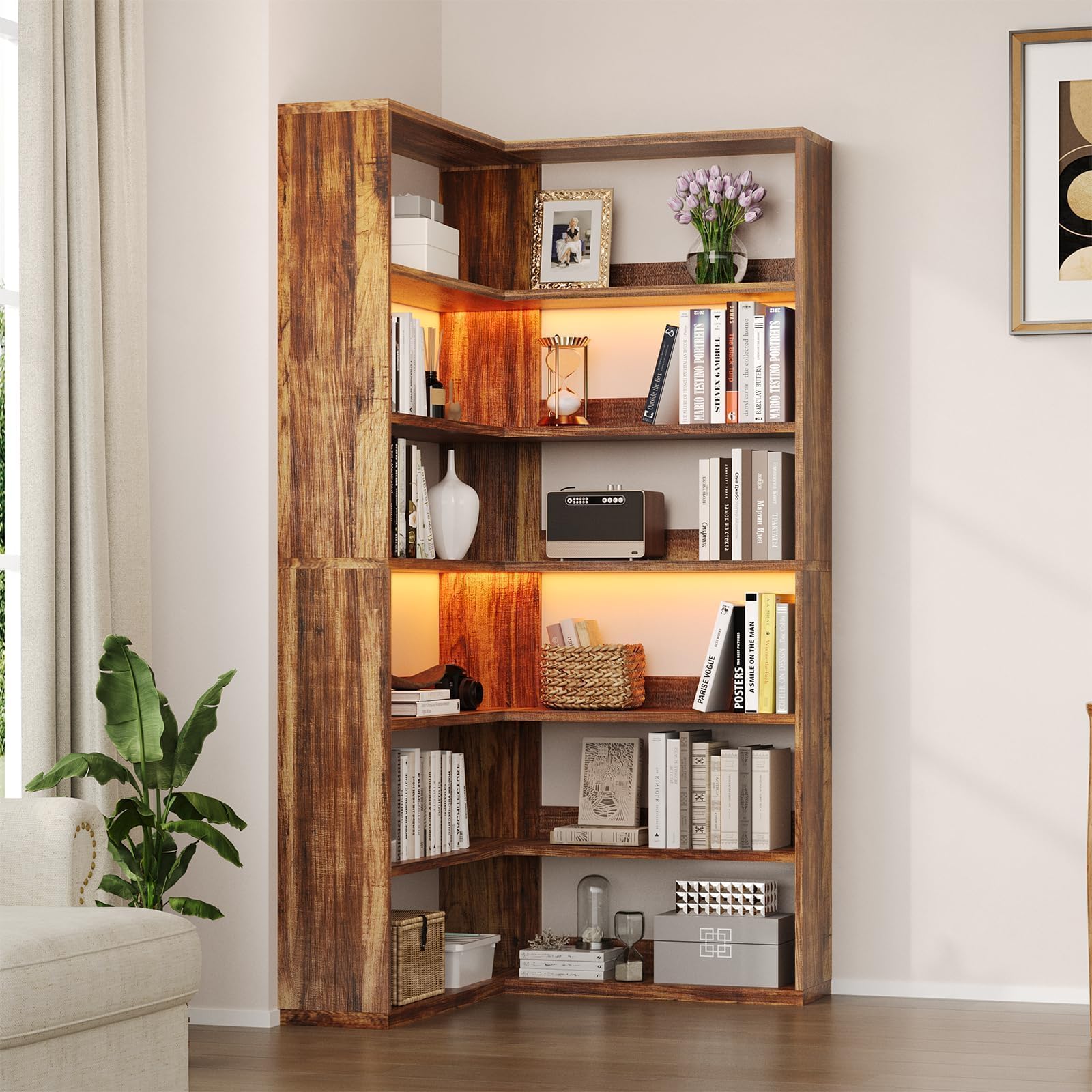 6-Tier Corner Bookshelf with LED Lights