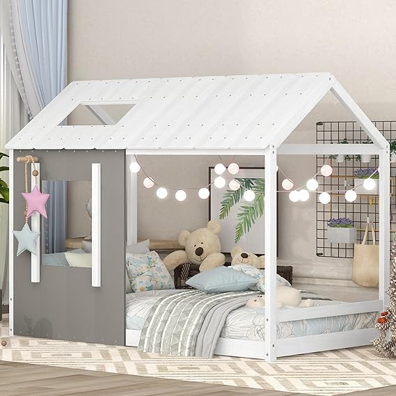 Twin Size Montessori Bed Frame, Twin Size House Floor Bed Frame with Headboard