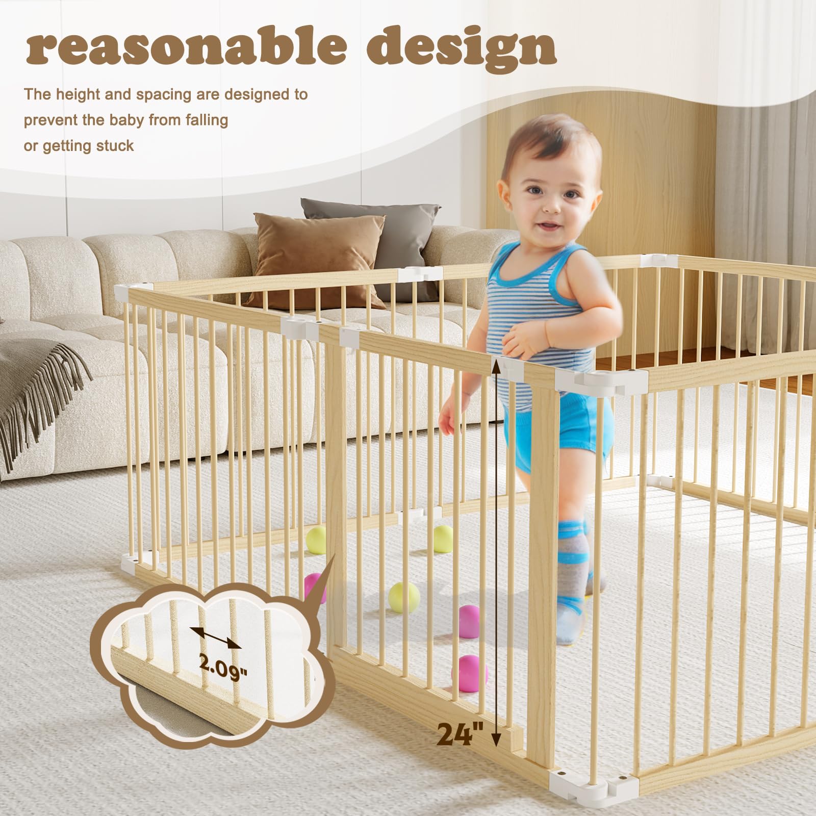 Foldable Wooden Baby Playpen 8 Panel Safety Gate