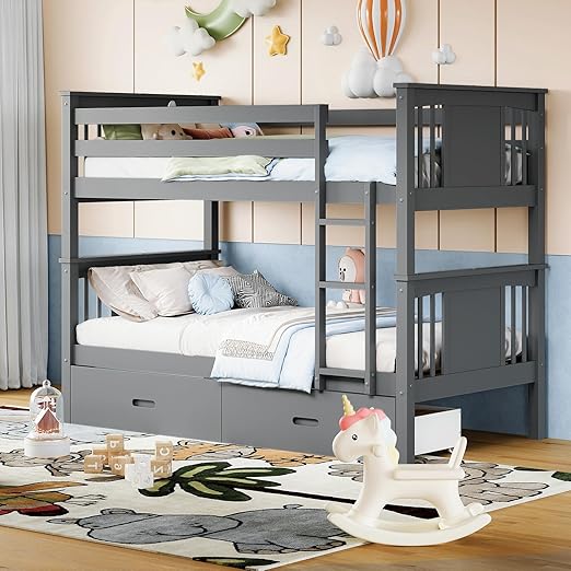 Wood Twin-Over-Twin Bunk Bed with 2 Storage Drawers
