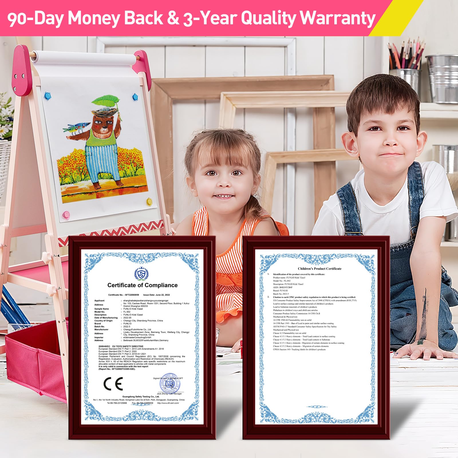 FUNLIO Anti-Warping Kids Art Easel, 3 Height Adjustable for Kids Aged 2-8, All-in-One Toddler Easel with Paper Roll & Erasable Frame, Standing Easel with Magnetic Chalkboard/Whiteboard (Pink)